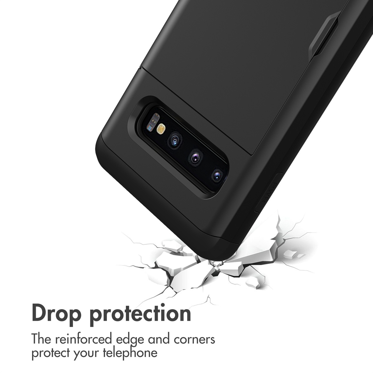 Eine schwarze Smartphone-Hülle stößt auf ein zerbrochenes weißes Podest mit Text über Sturzschutz.