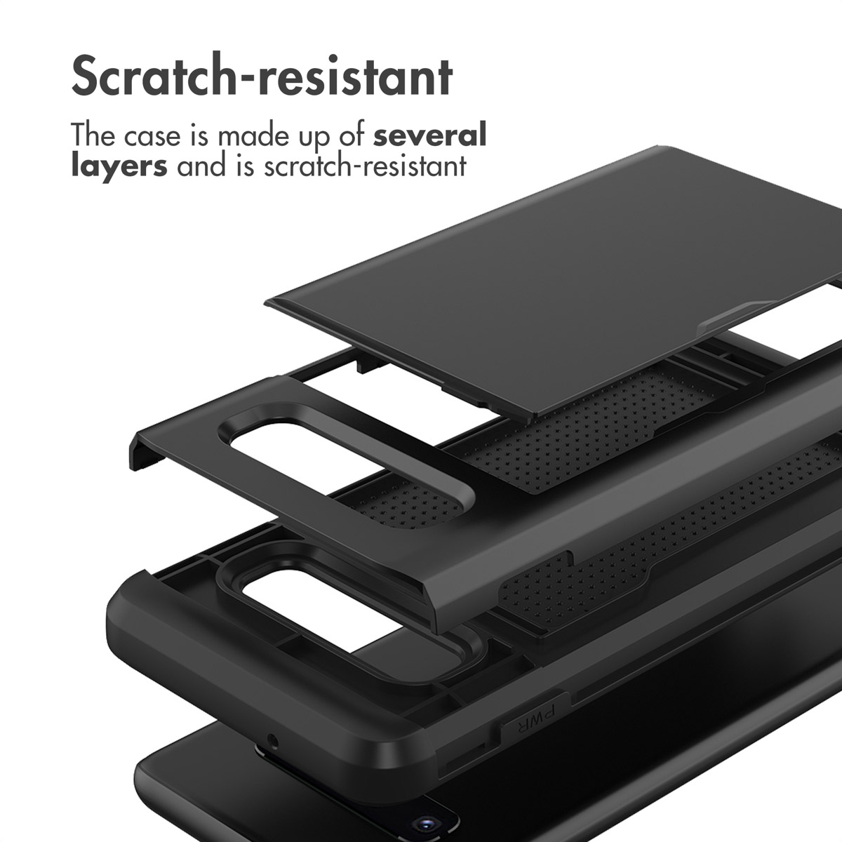 Eine Explosionsansicht einer schwarzen, kratzfesten Smartphone-Hülle zeigt das mehrschichtige Design.