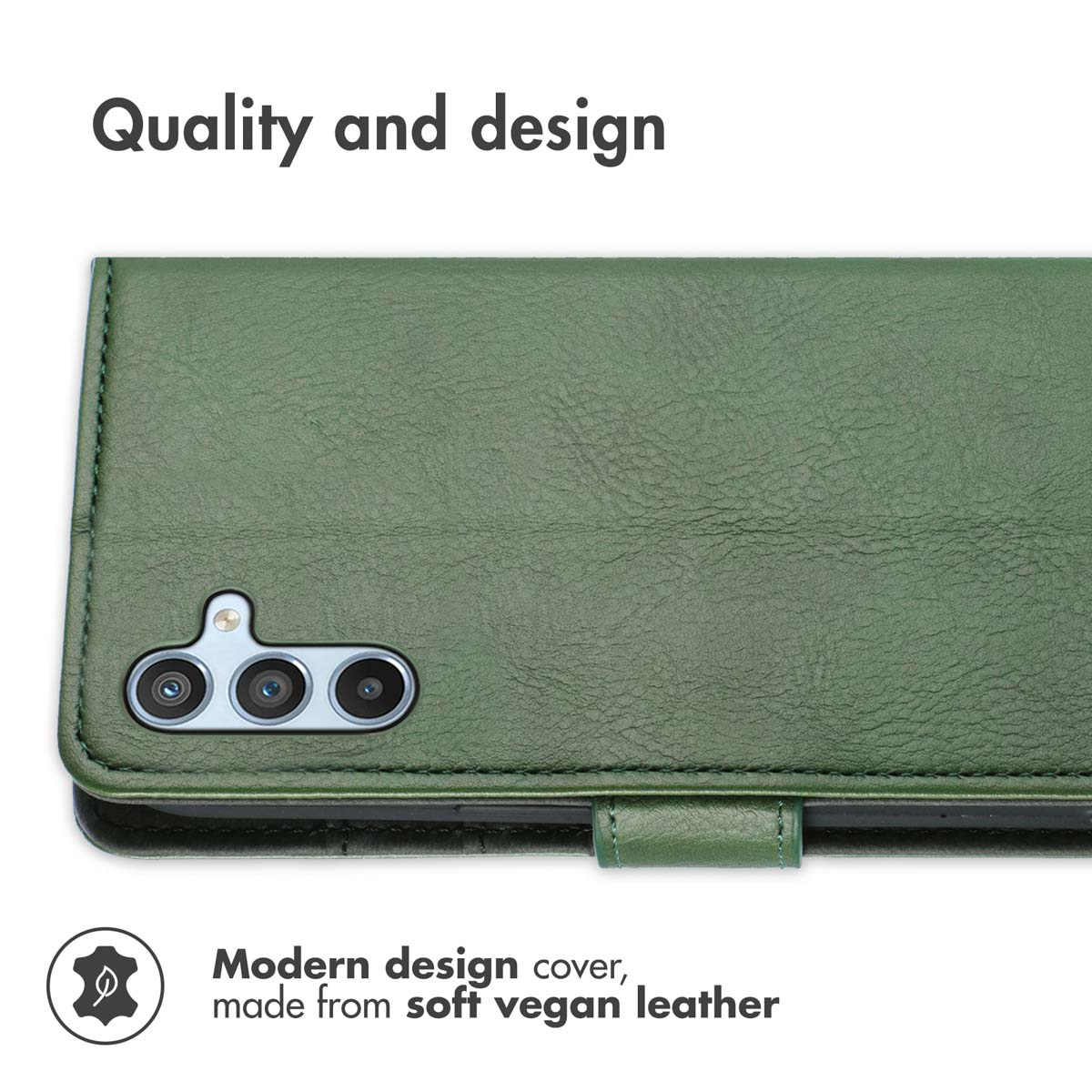 Étui en cuir végétalien vert avec découpe pour appareil photo.
