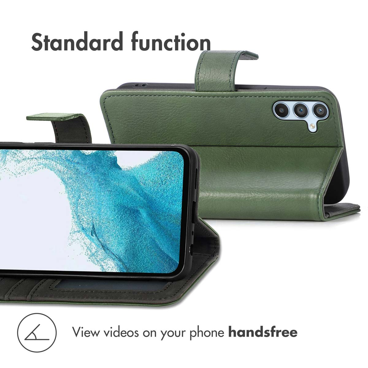Deux étuis de téléphone en cuir vert avec smartphones, montrant l'écran et les caméras pour visionnage mains libres.