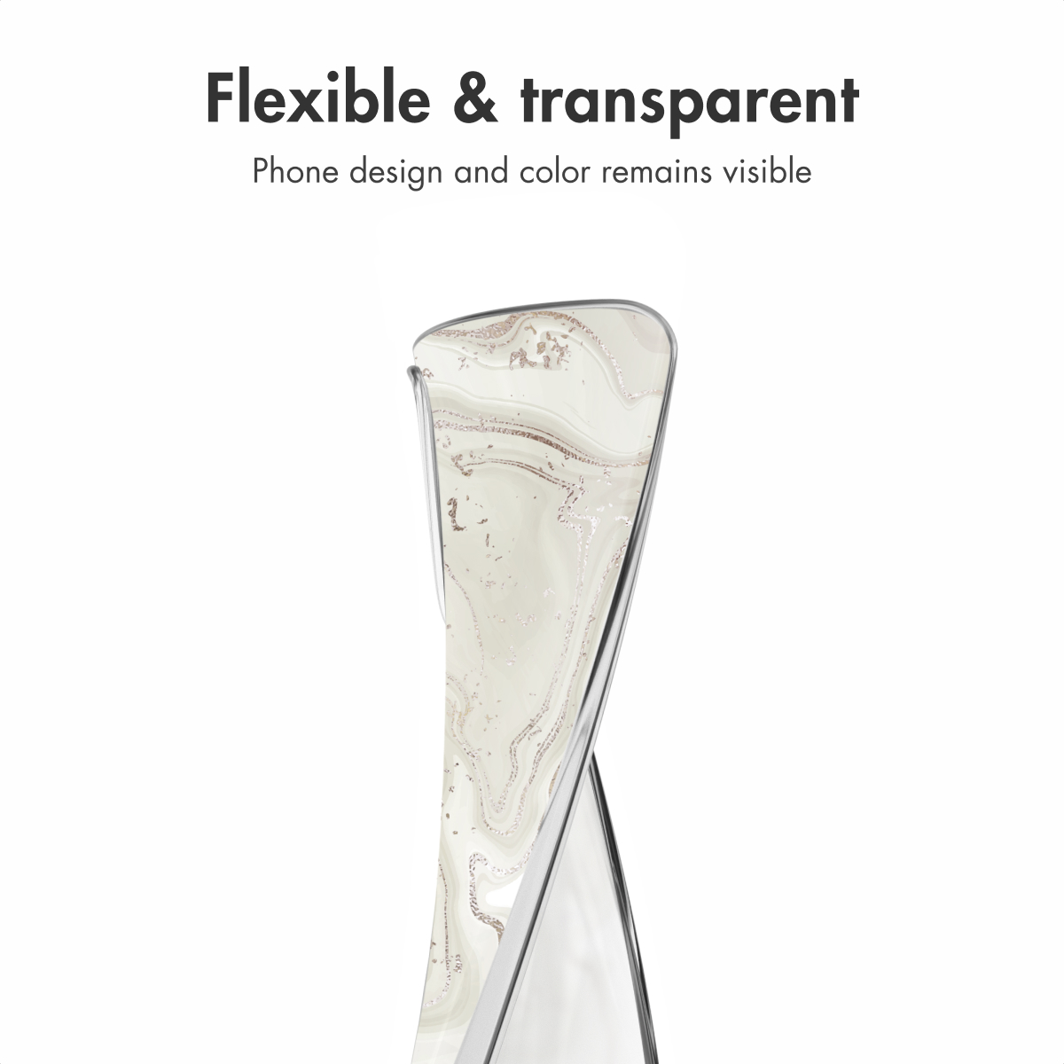 Una funda de móvil flexible y transparente con un patrón de mármol blanco y detalles dorados.