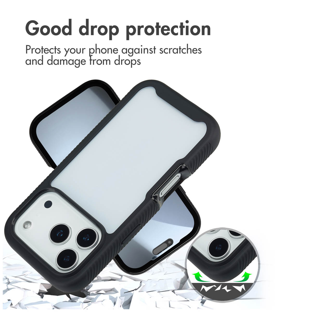 Dos fundas protectoras negras para smartphones con cámara triple sobre fondo agrietado y texto arriba.