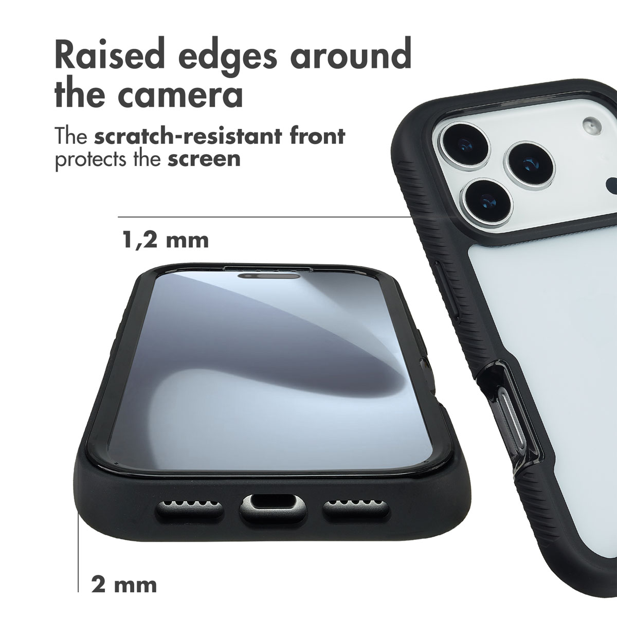 Smartphone en funda protectora que muestra bordes elevados, protección de cámara y medidas de 1.2 mm y 2 mm.