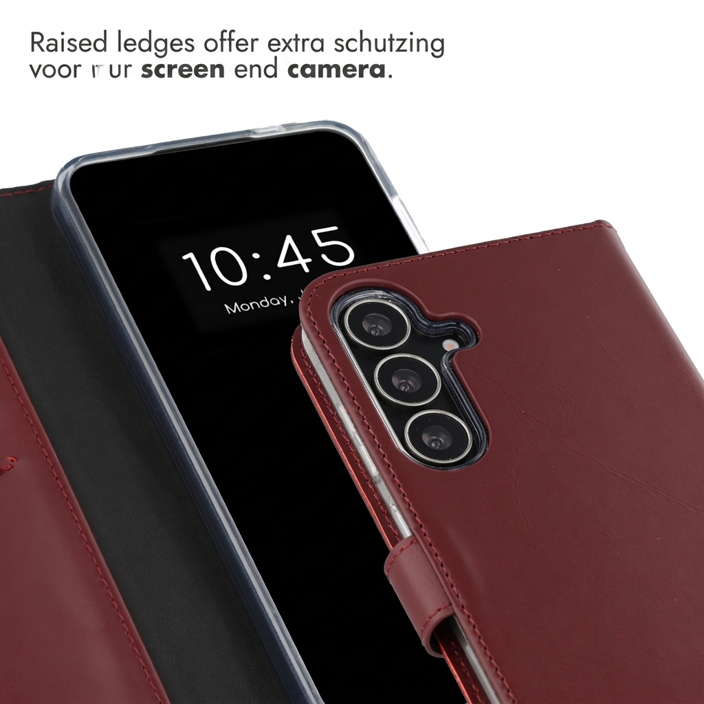 Ein Smartphone in einer bordeauxroten Lederhülle mit Kamera und Display.