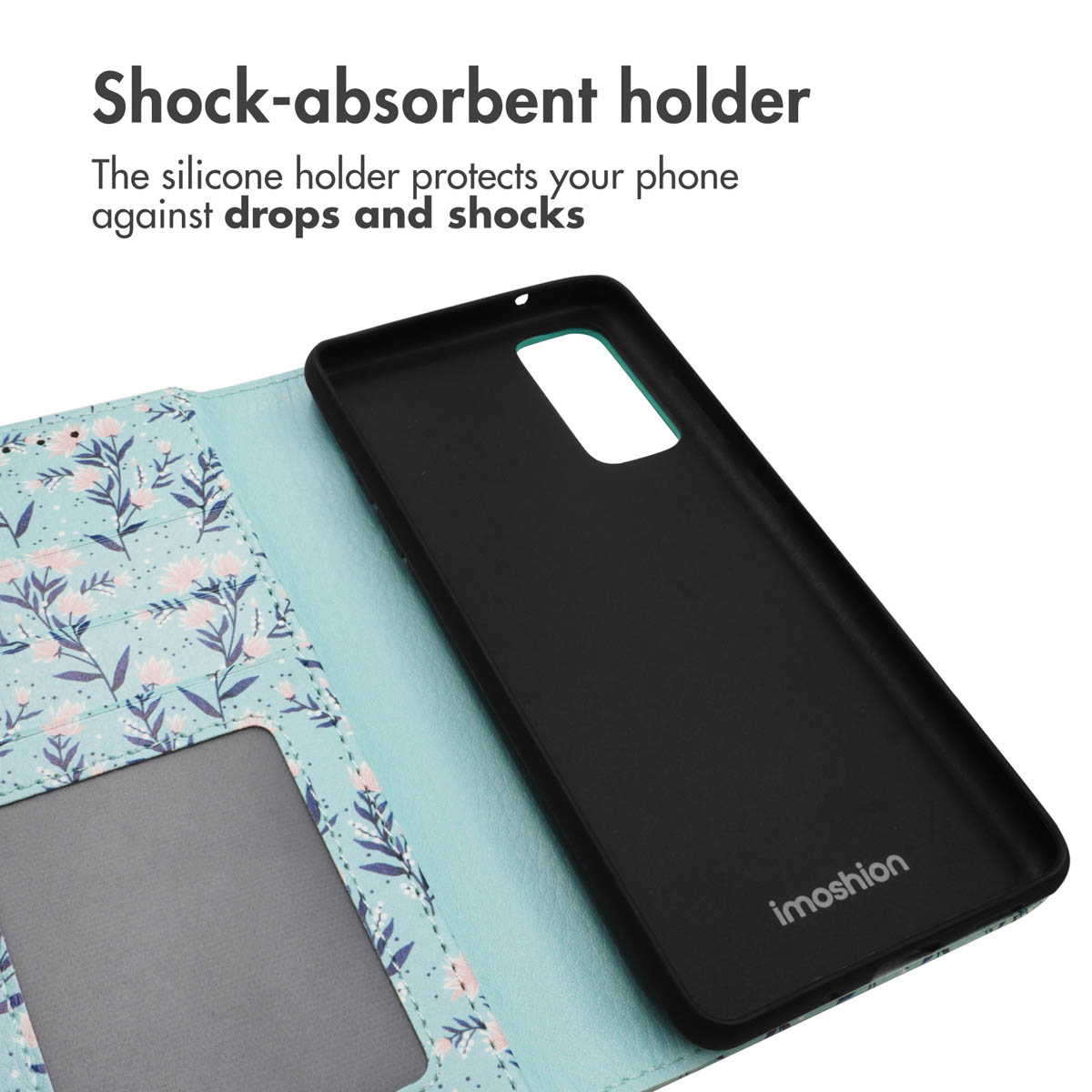 Funda de teléfono floral azul con tarjeteros y soporte de silicona negra antichoque.