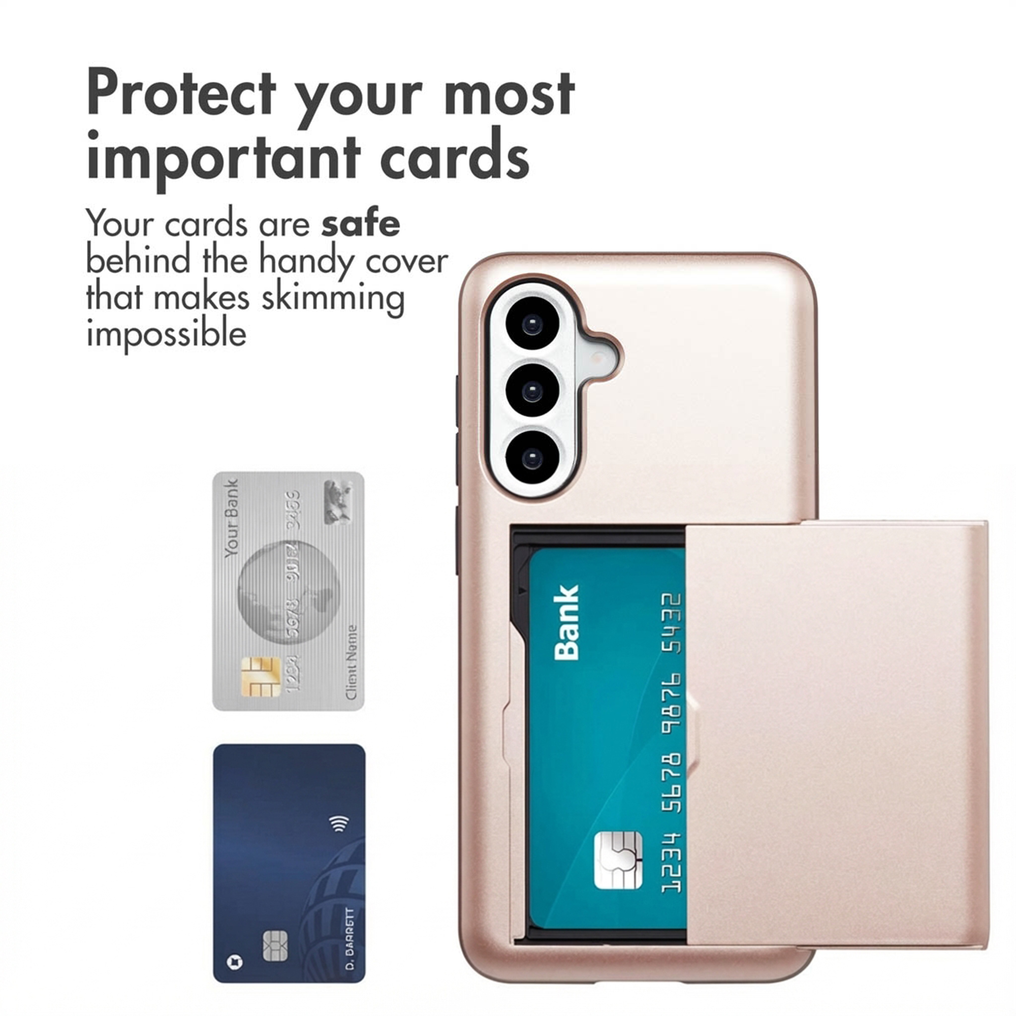 Coque de téléphone or rose avec fente pour carte intégrée, entourée de deux cartes bancaires et de texte.