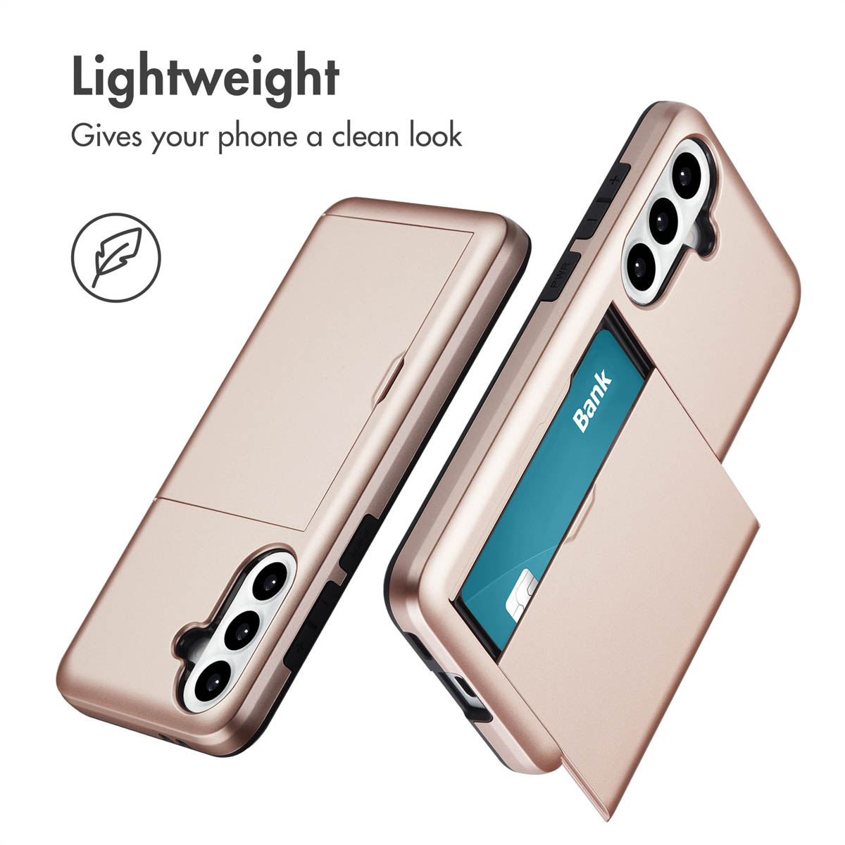Deux coques de téléphone or rose sur fond blanc, l'une montrant un porte-carte avec une carte bancaire.