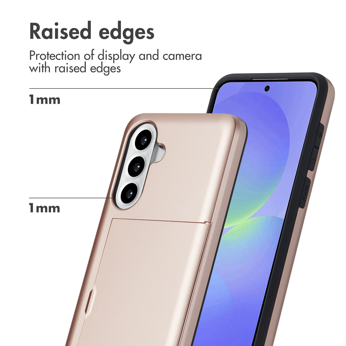 Smartphone dans un étui rose avec fente pour carte, montrant des bords surélevés.