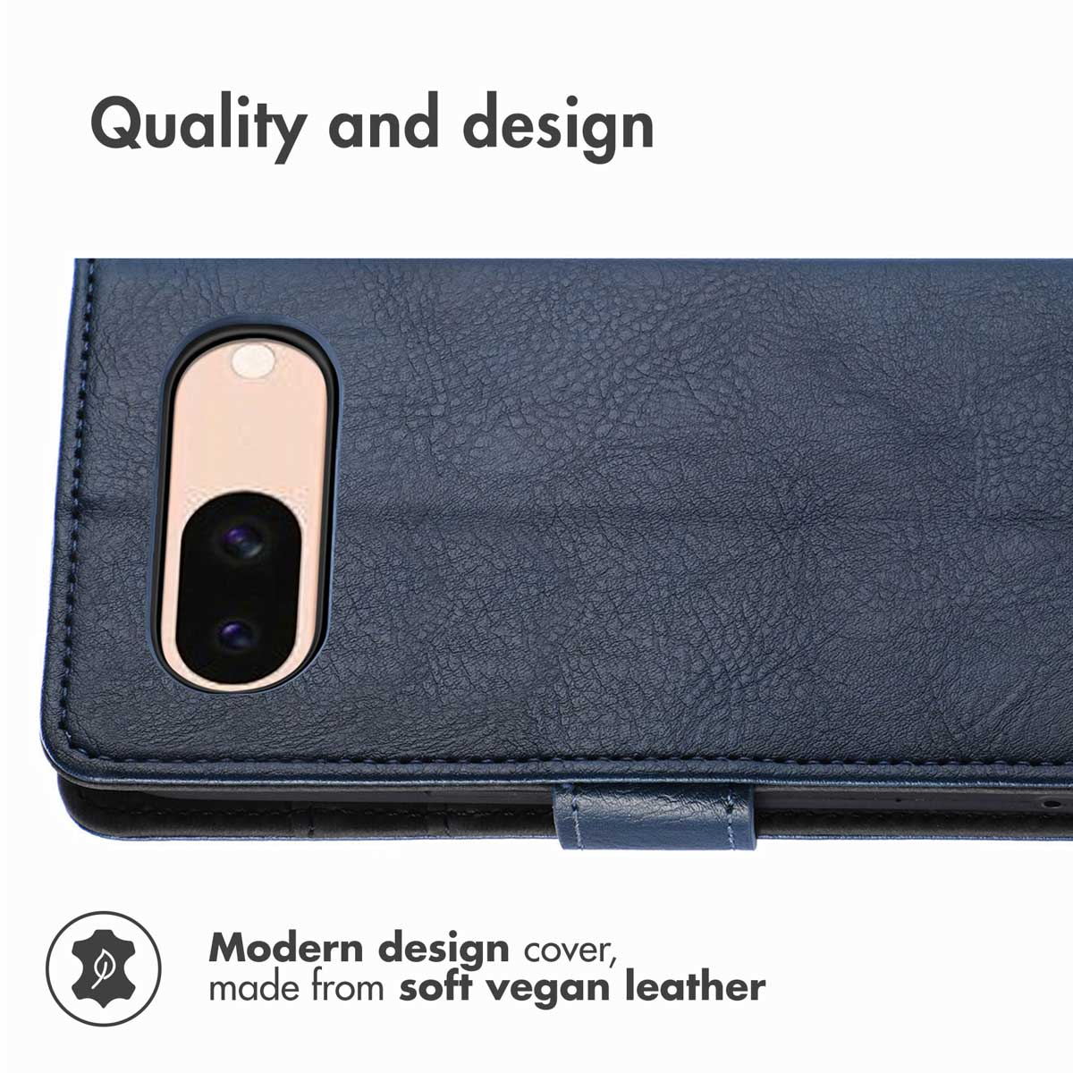 Custodia per telefono in pelle vegana blu con ritaglio per fotocamera e testo.