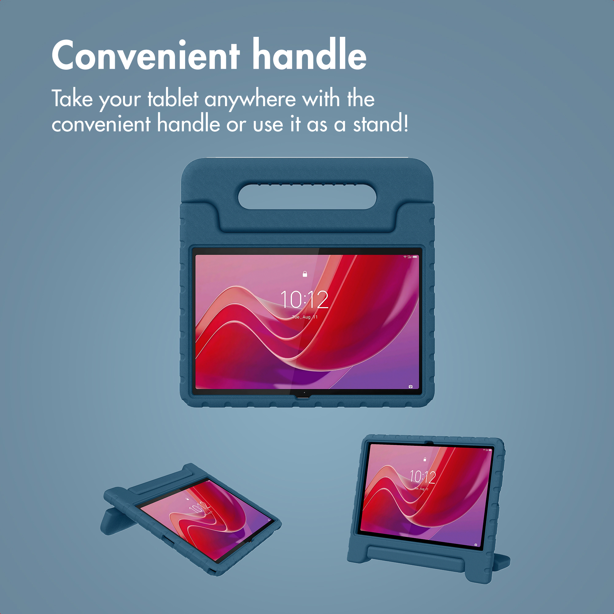 Tablet in blue protective case with handle and integrated stand on a blue background.
