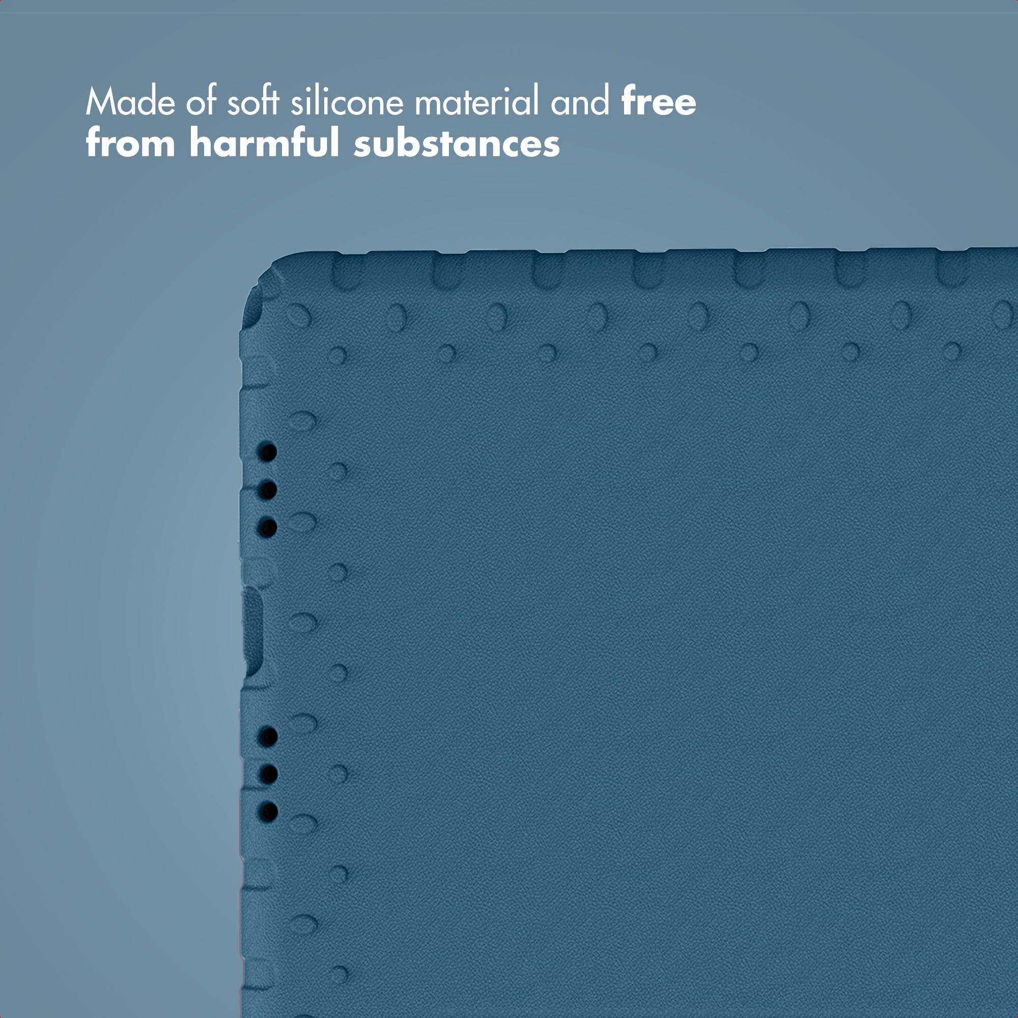Blue silicone tablet case with soft, textured surface.