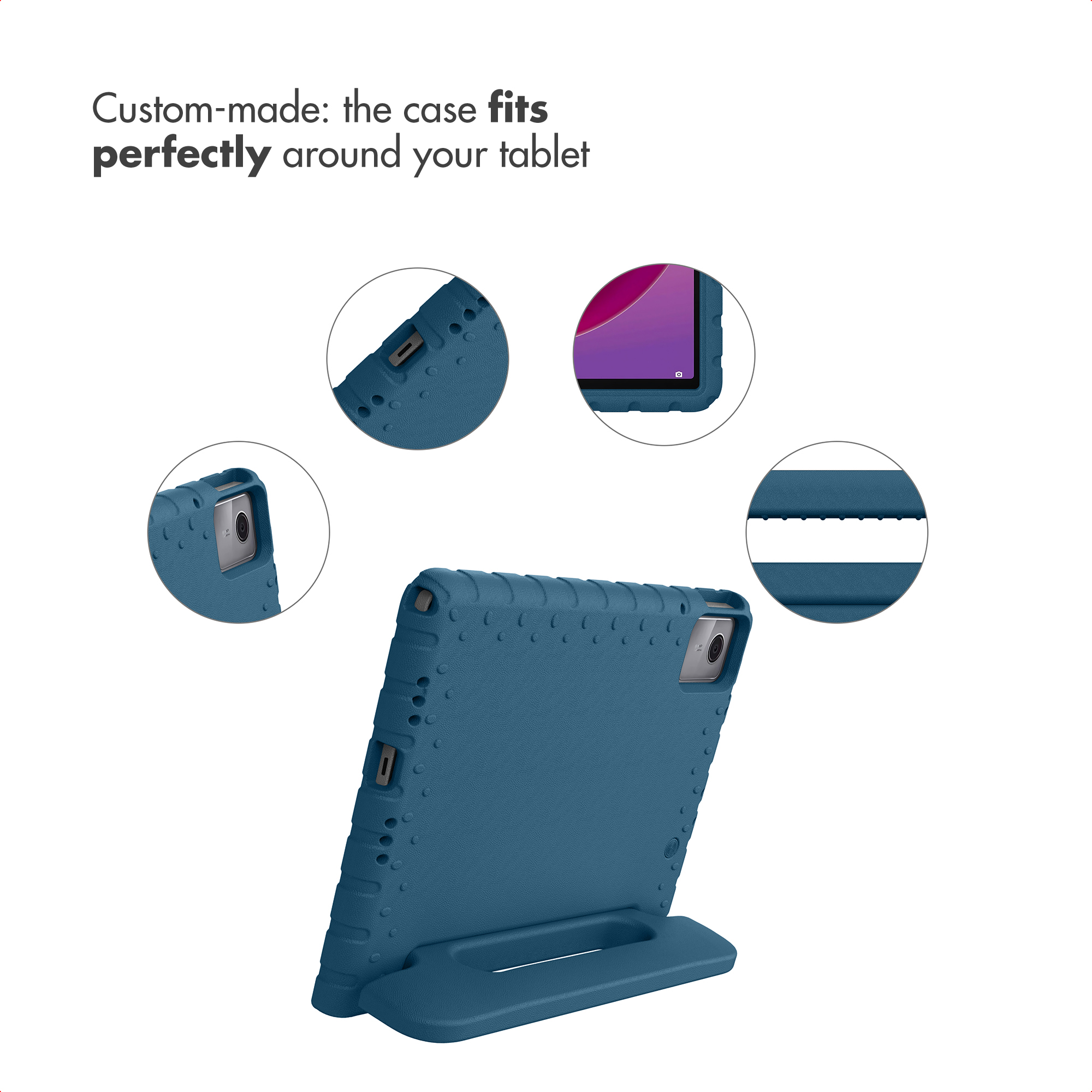 A blue custom-made tablet case with a stand and four zoomed-in circles showing cutouts and grip details.