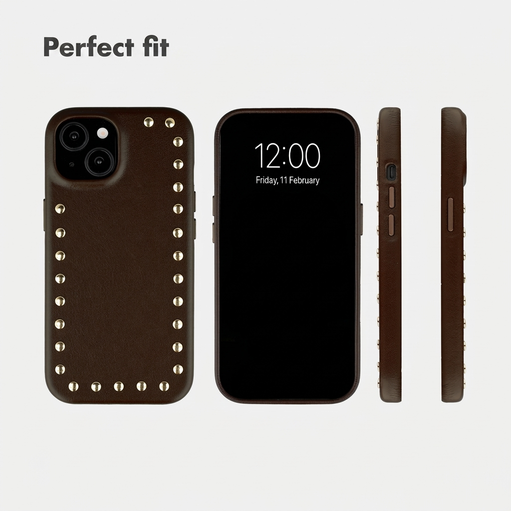 Bruine leren telefoonhoesje met gouden studs, vanuit meerdere hoeken getoond.