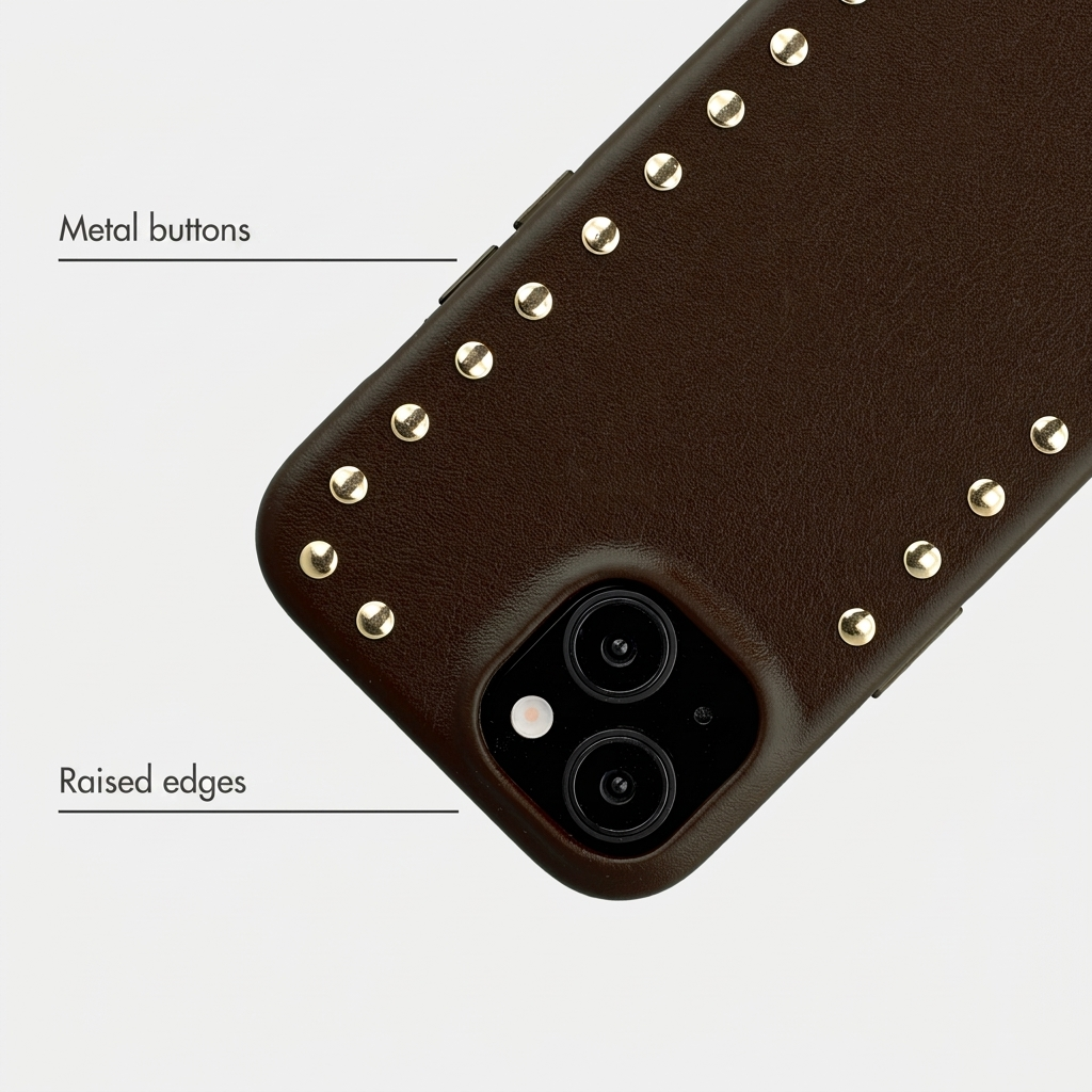 Bruine lederen telefoonhoes met gouden studs, dubbele camera, metalen knoppen en verhoogde randen.