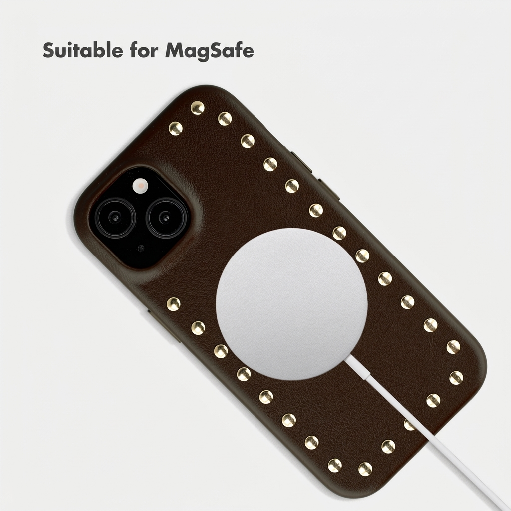 Donkerbruine leren telefoonhoesje met gouden noppen, cirkelvormige MagSafe-lader en witte kabel.