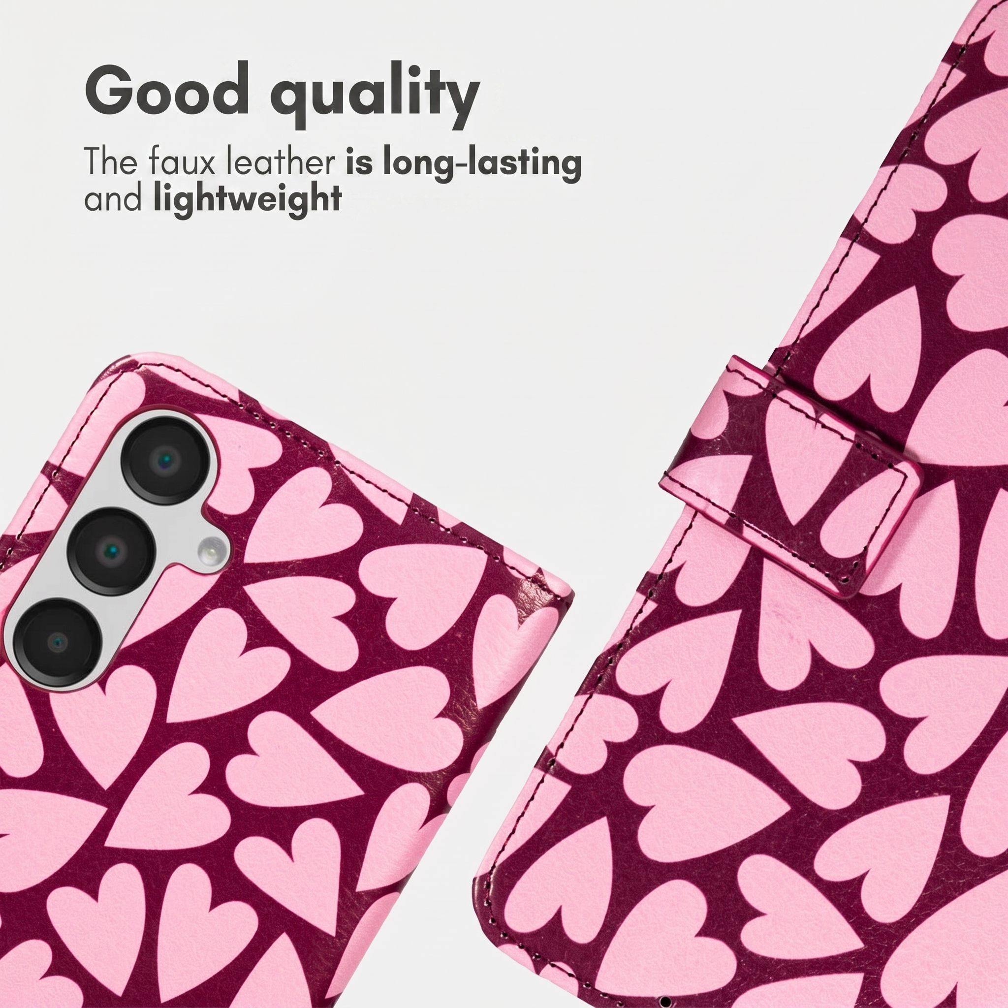 Roze kunstleren telefoonhoes met donkerrood hartjespatroon en tekst over duurzaamheid en lichtgewicht.