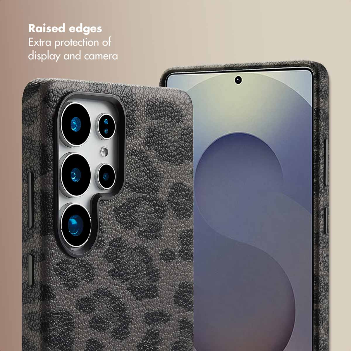 Smartphone con funda de piel gris y bordes elevados para proteger pantalla y cámara.