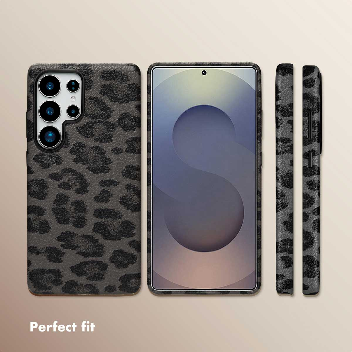 Smartphone mostrado con una funda protectora con estampado de leopardo gris y negro desde atrás, frente y lado.