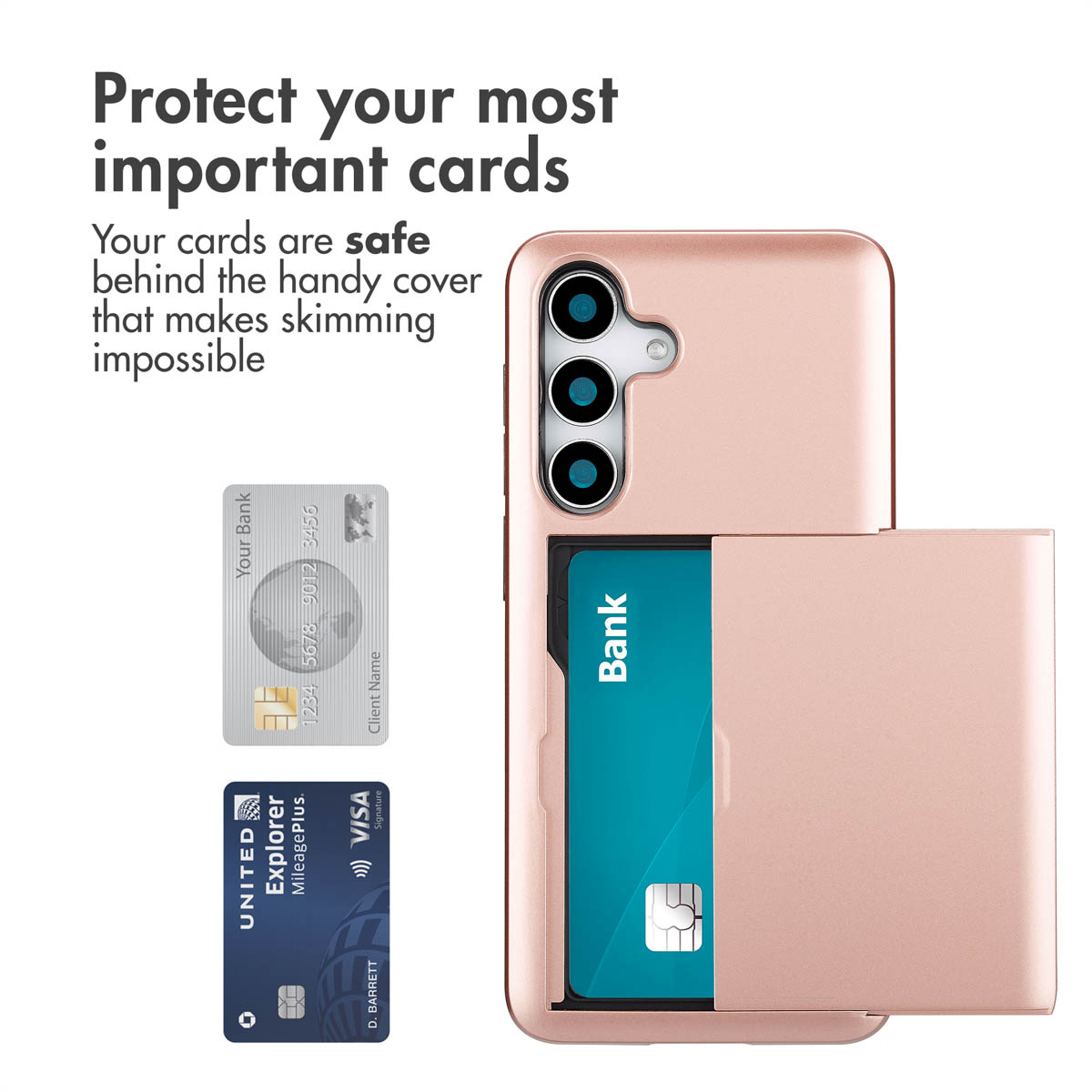 Custodia per smartphone in oro rosa con porta carte integrato e testo promozionale.