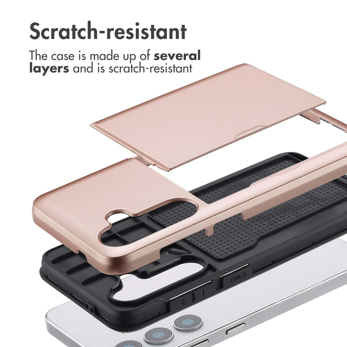 Vista esplosa di una custodia per telefono multistrato resistente ai graffi in oro rosa e nero.