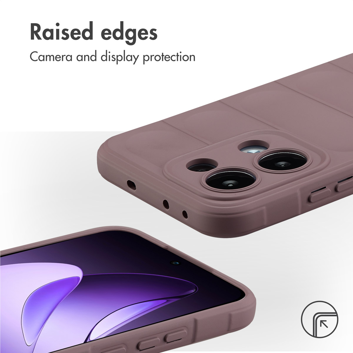 Lila Smartphone in Schutzhülle mit erhöhten Kanten für Kamera und Display.