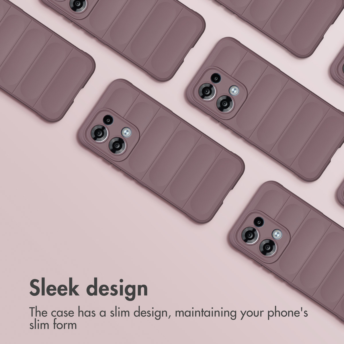 Mehrere matte, mauvefarbene Handyhüllen auf rosa Hintergrund mit der Aufschrift Sleek design.