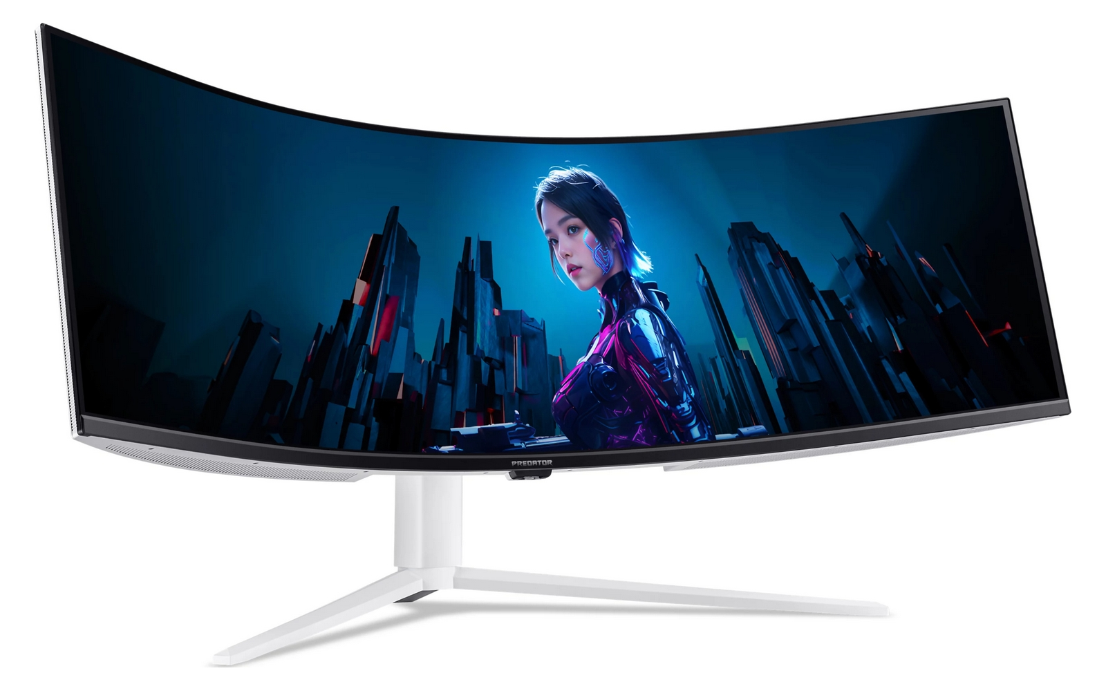 Un monitor ultrawide curvo con supporto bianco mostra un'immagine futuristica.
