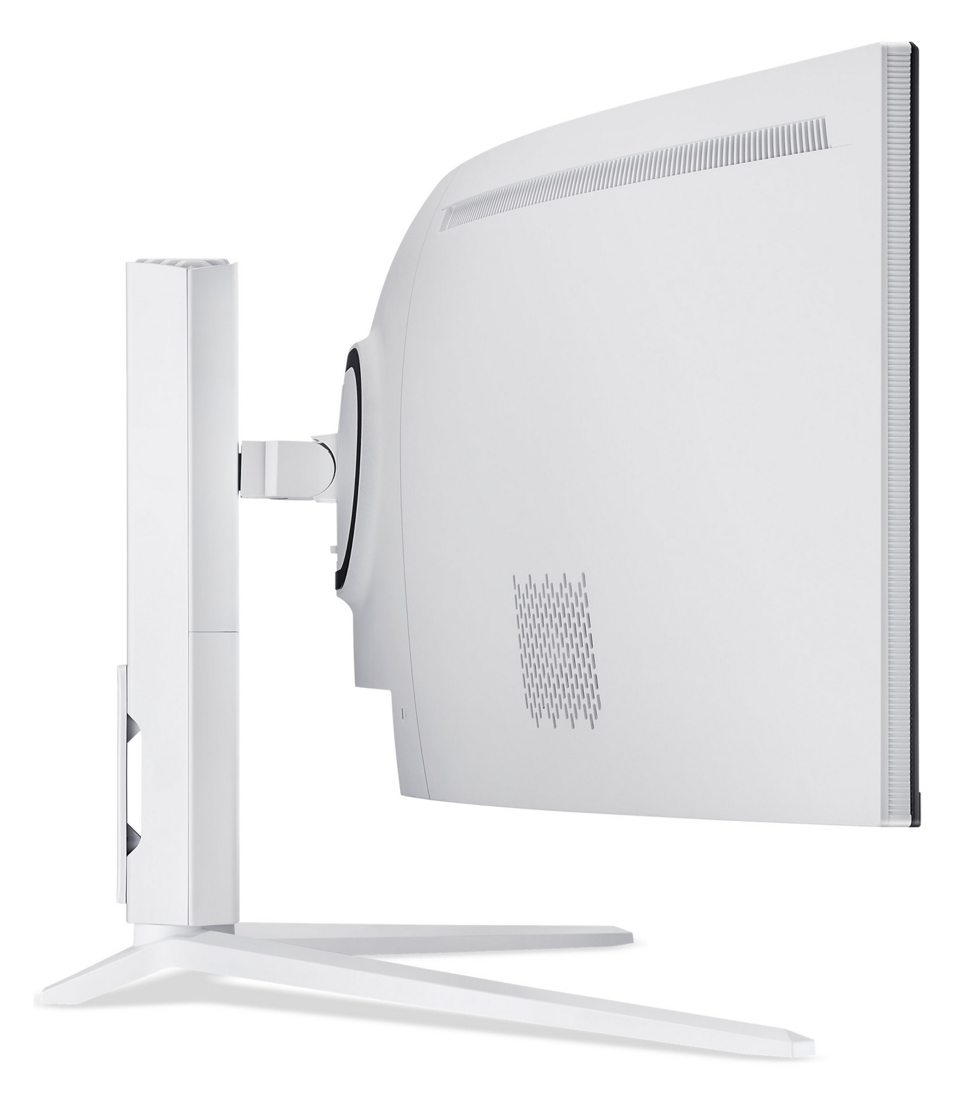 Un monitor per computer curvo bianco visto di lato, montato su un supporto regolabile.