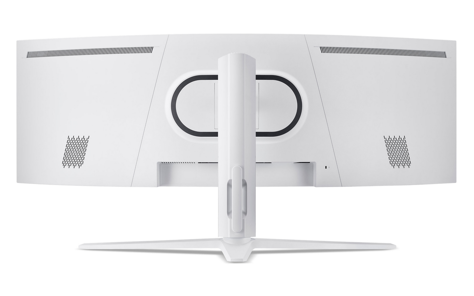 Vista posteriore di un monitor per computer curvo bianco con supporto robusto e feritoie di ventilazione.