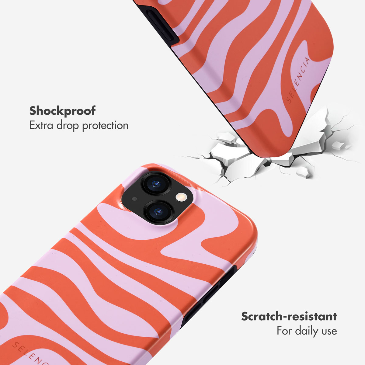 Cover per telefono con motivo ondulato arancione e rosa. Testo: Antishock.