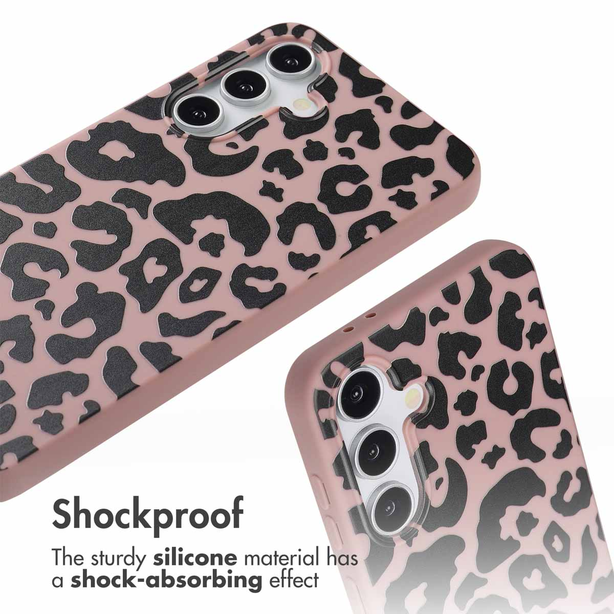 Funda de teléfono rosa con estampado de leopardo negro, recortes para cámara y texto 'Shockproof'.