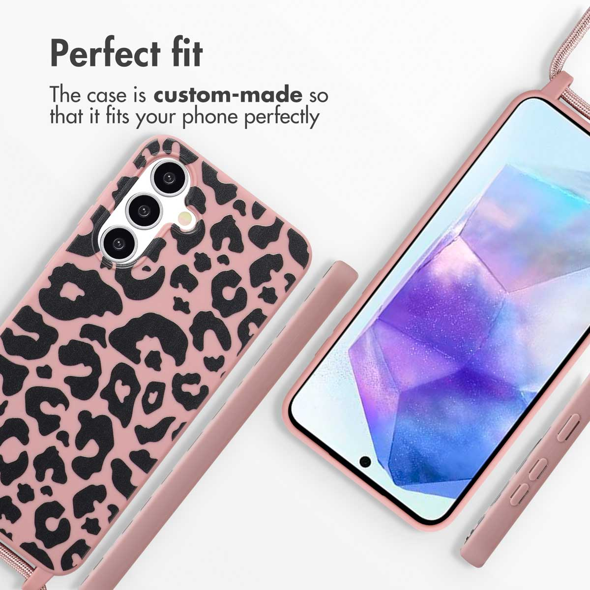 Funda de móvil rosa y negra con estampado de leopardo y texto Perfect fit.
