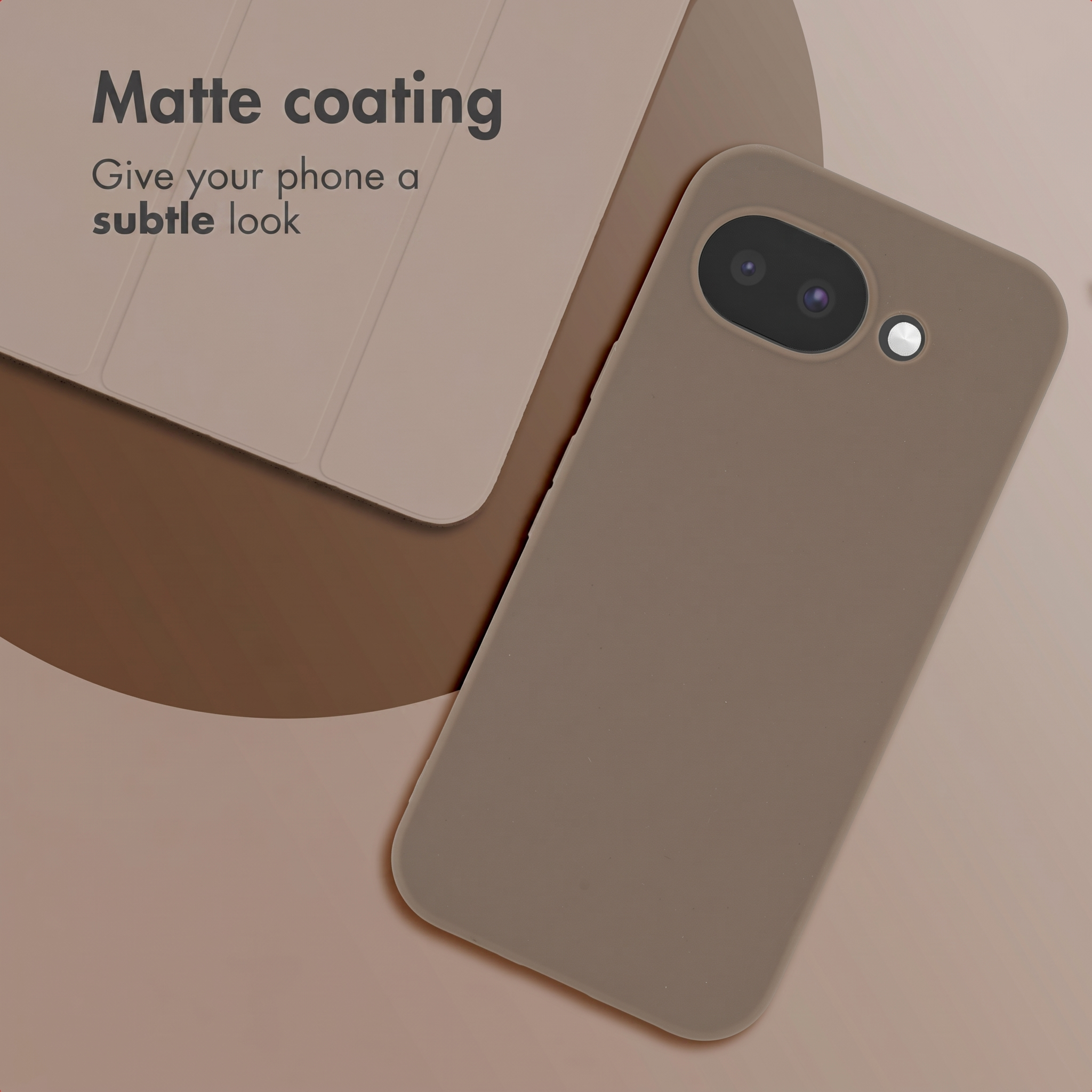 A smartphone and case with a matte finish in earth tones, accompanied by text.