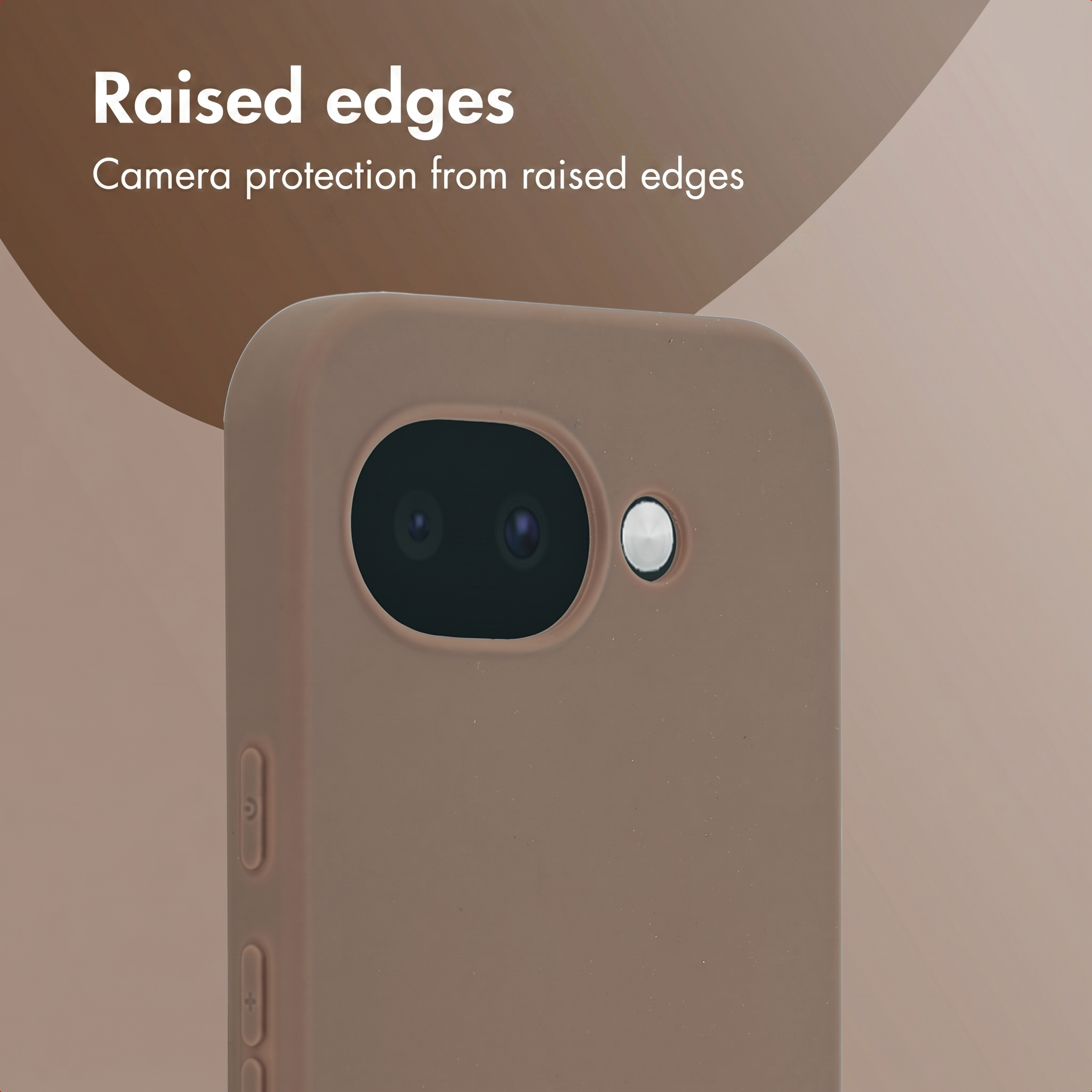 Close-up of a brown phone case showing raised edges around the camera.