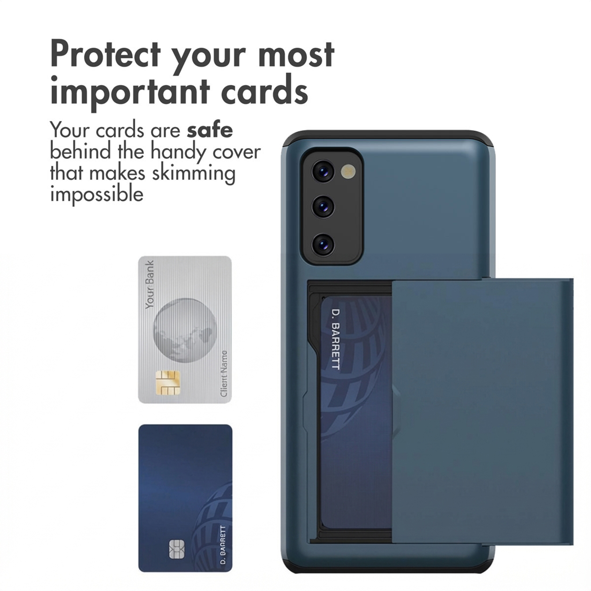 Un smartphone bleu avec un porte-cartes coulissant à l'arrière, présenté avec deux cartes et du texte promotionnel.