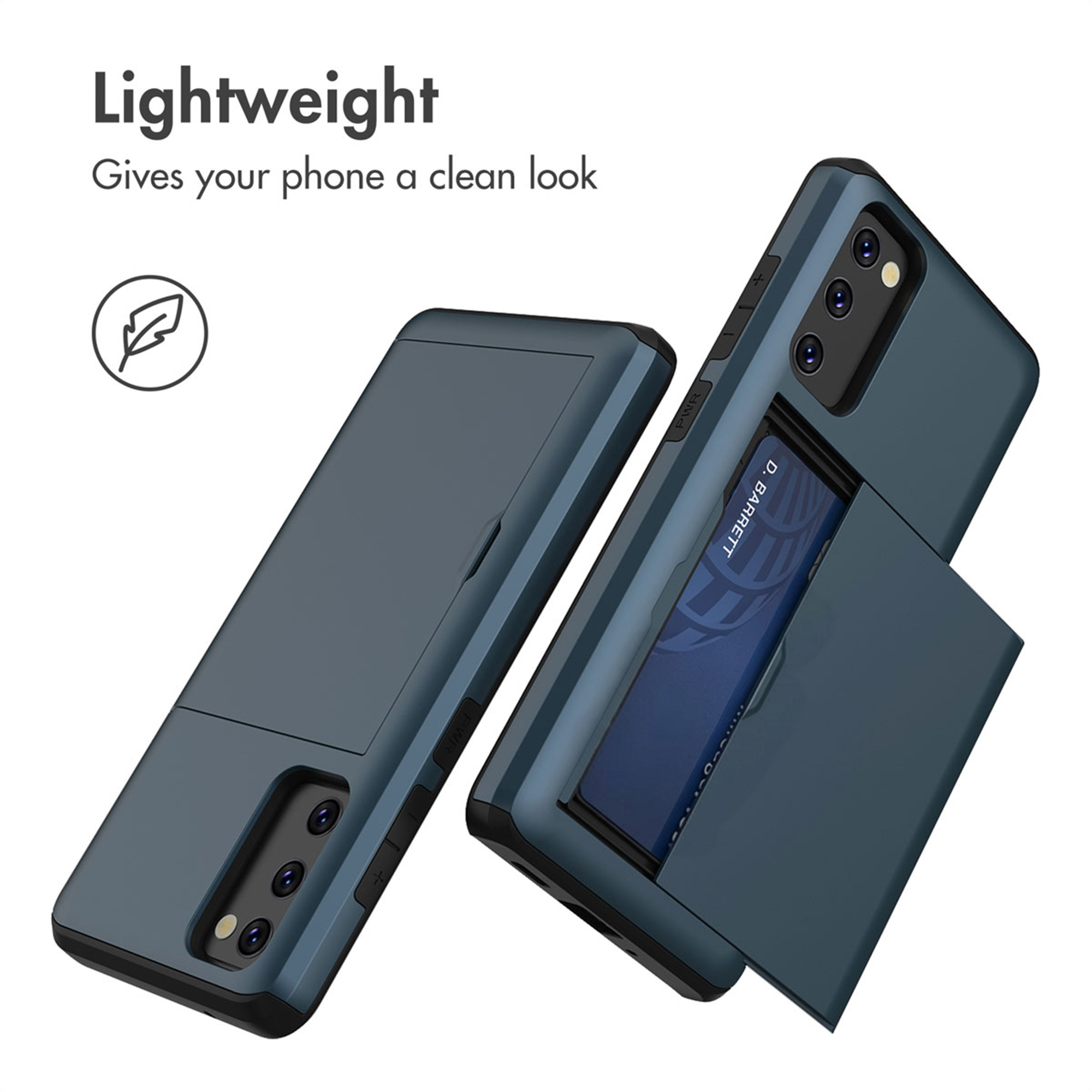Coque de smartphone bleue avec porte-cartes intégré à l'arrière.