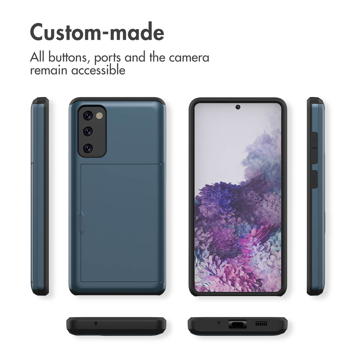 Smartphone bleu dans une coque de protection vu sous différents angles.