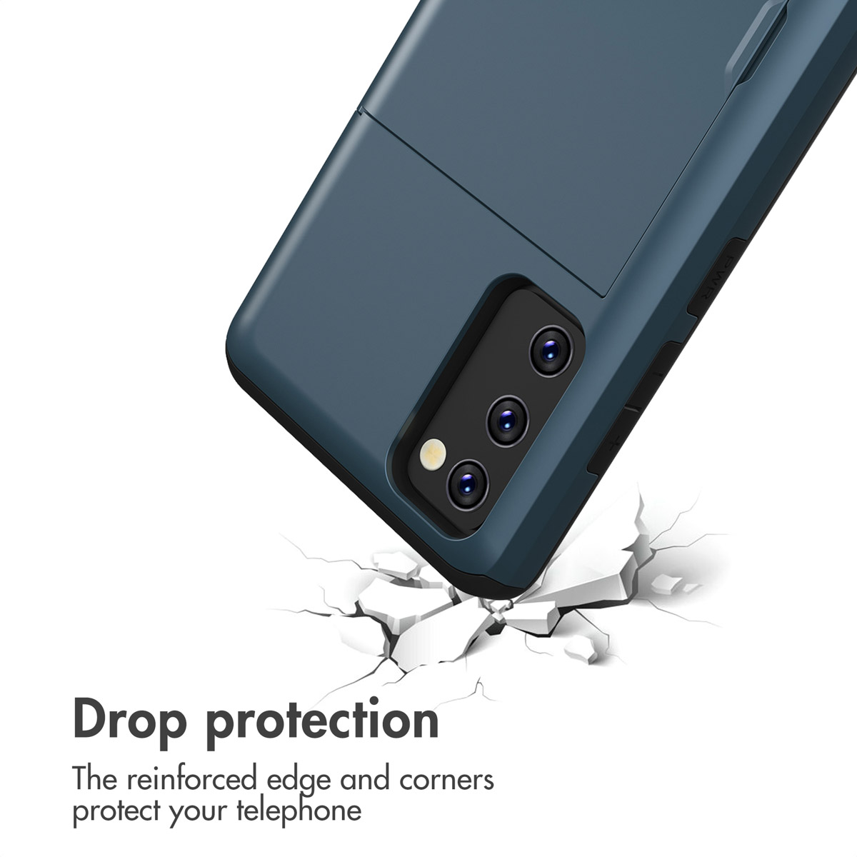 Coque de téléphone bleue avec porte-cartes sur surface craquelée avec texte.