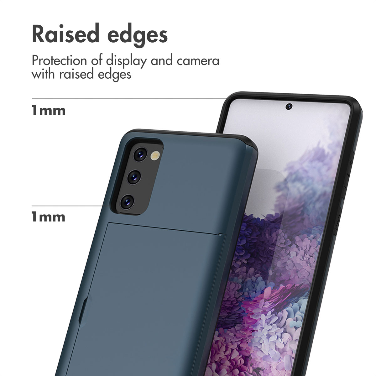 Un smartphone dans une coque bleue, montrant des bords surélevés de 1 mm pour l'écran et l'appareil photo.