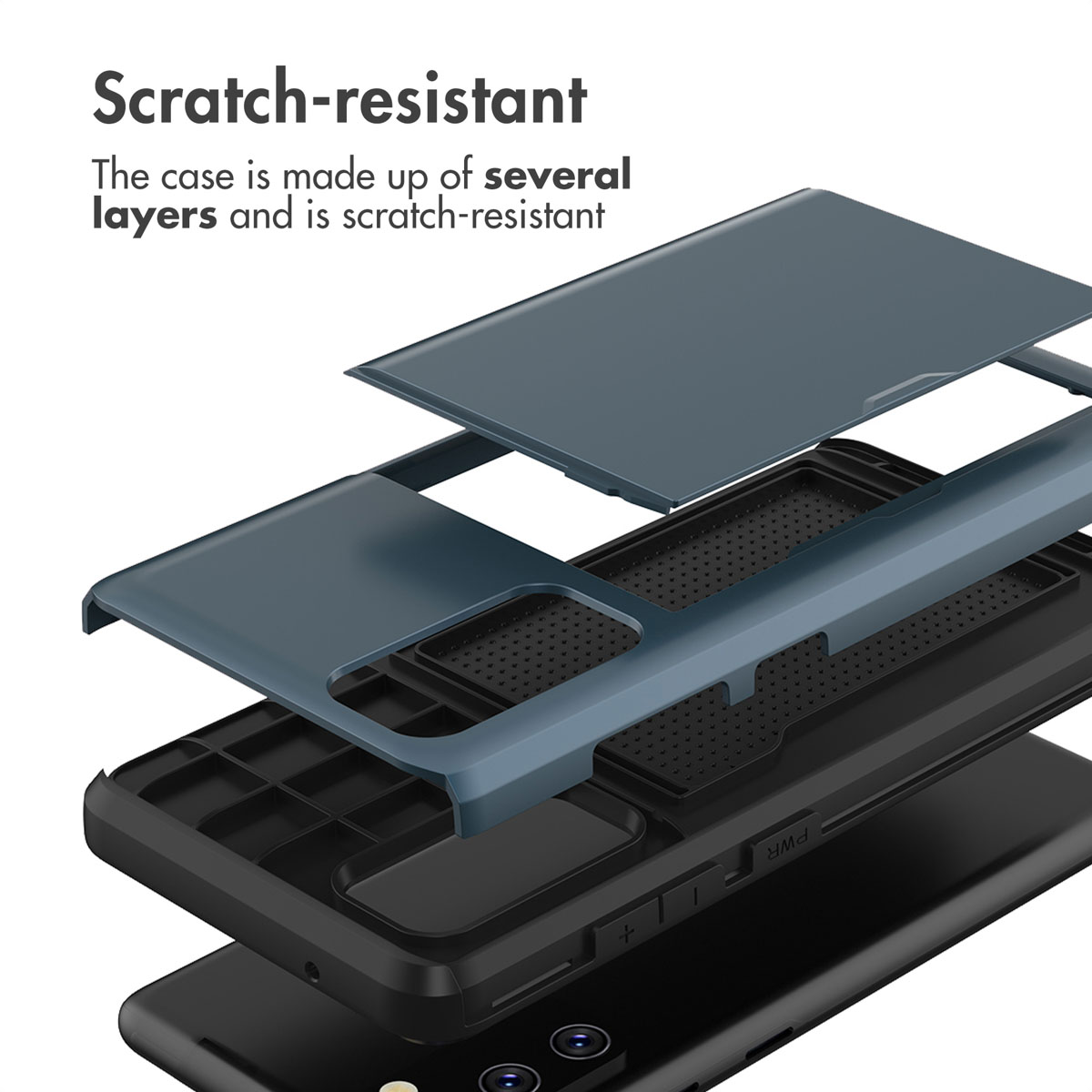 Vue éclatée d'une coque de smartphone multicouche et résistante aux rayures.