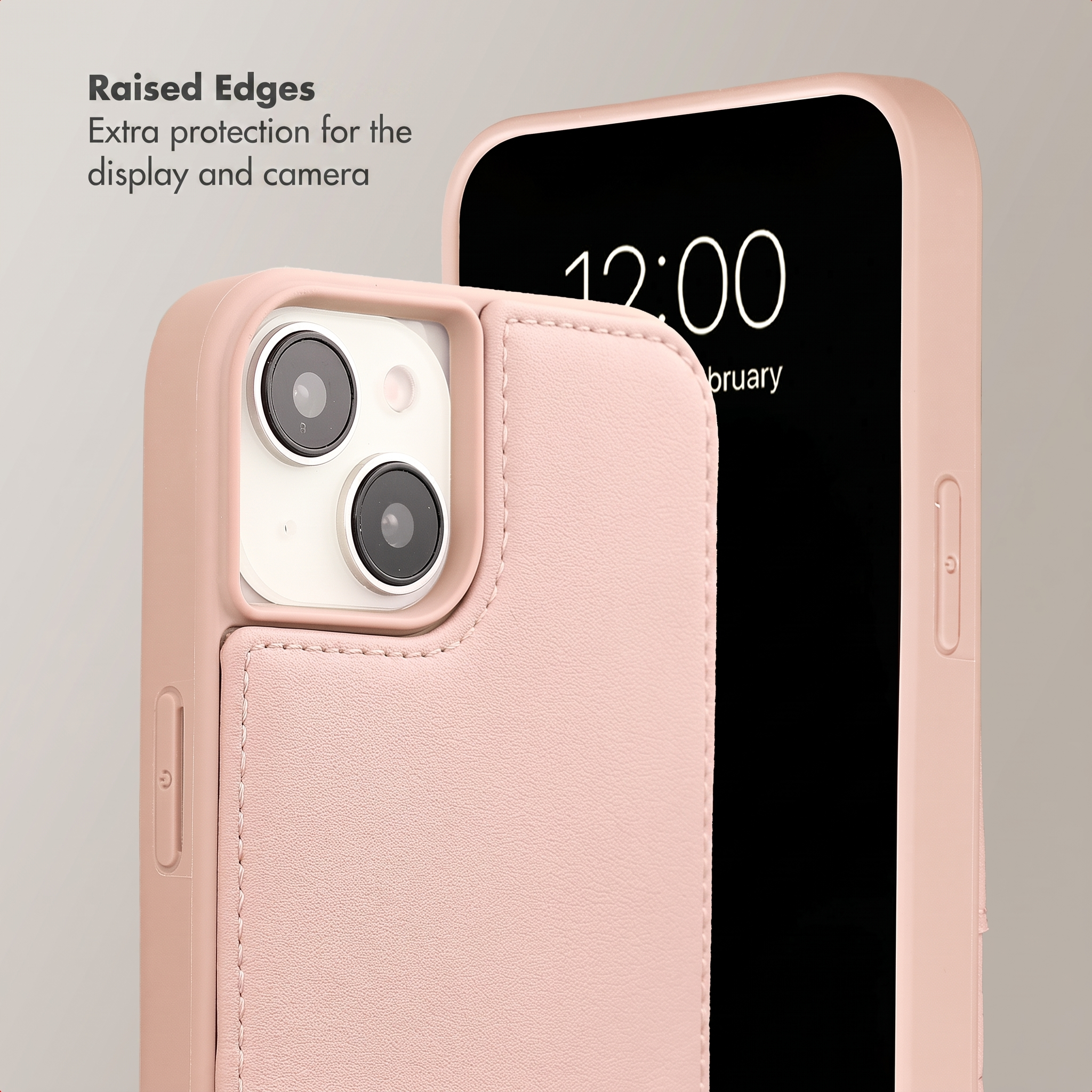 Roze telefoonhoesje met ingebouwde pasjeshouder en verhoogde randen ter bescherming van scherm en camera.