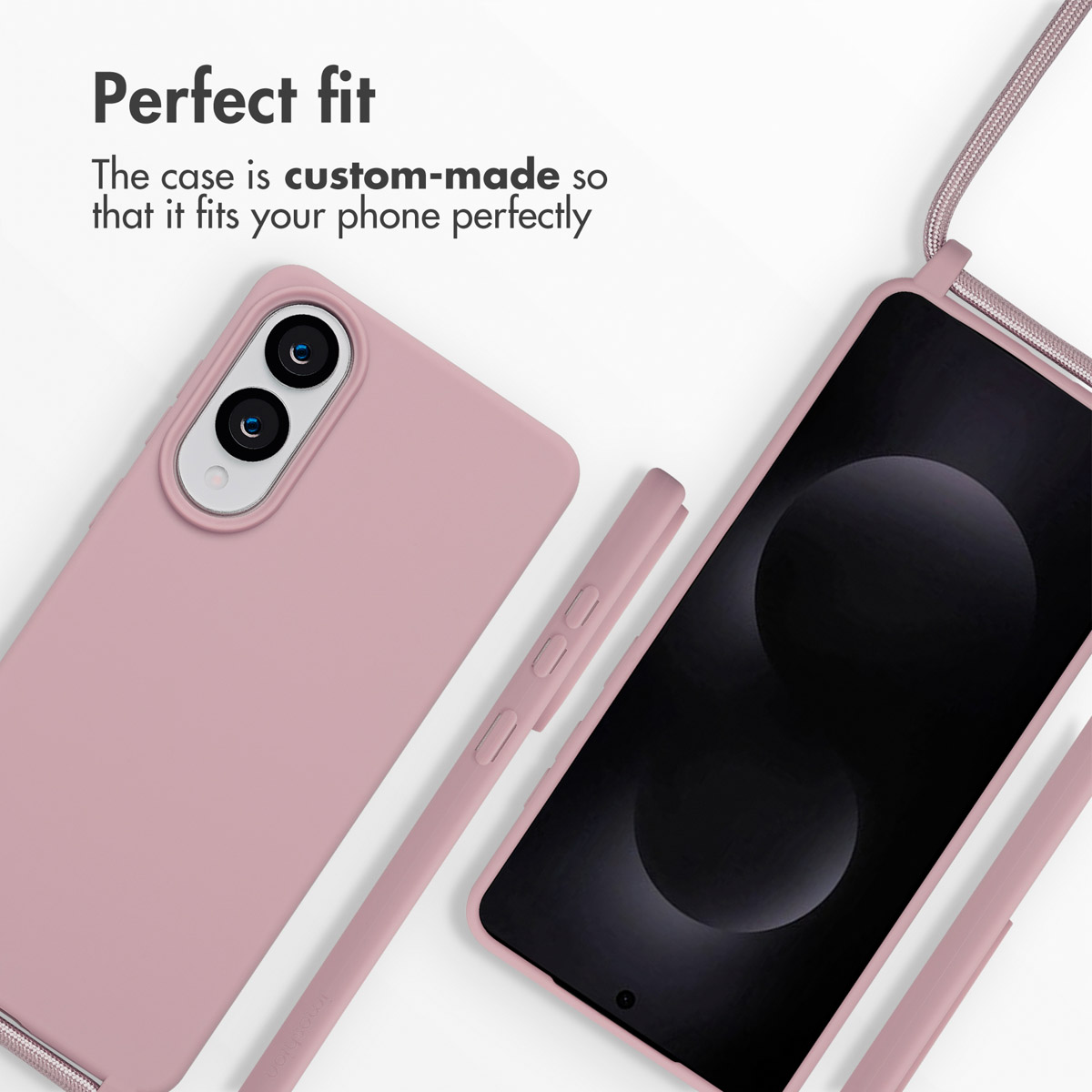 Una funda de móvil rosa con correa, vista por delante y detrás, con el texto Perfect fit.