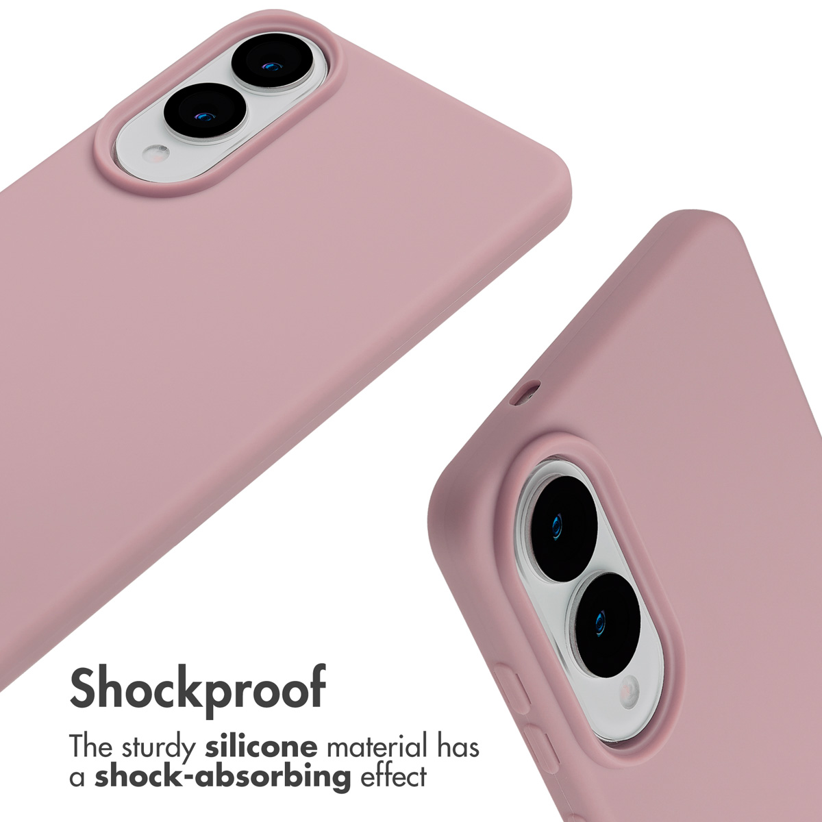 Fundas de silicona rosa a prueba de golpes con doble cámara trasera, mostradas desde dos ángulos sobre fondo blanco.