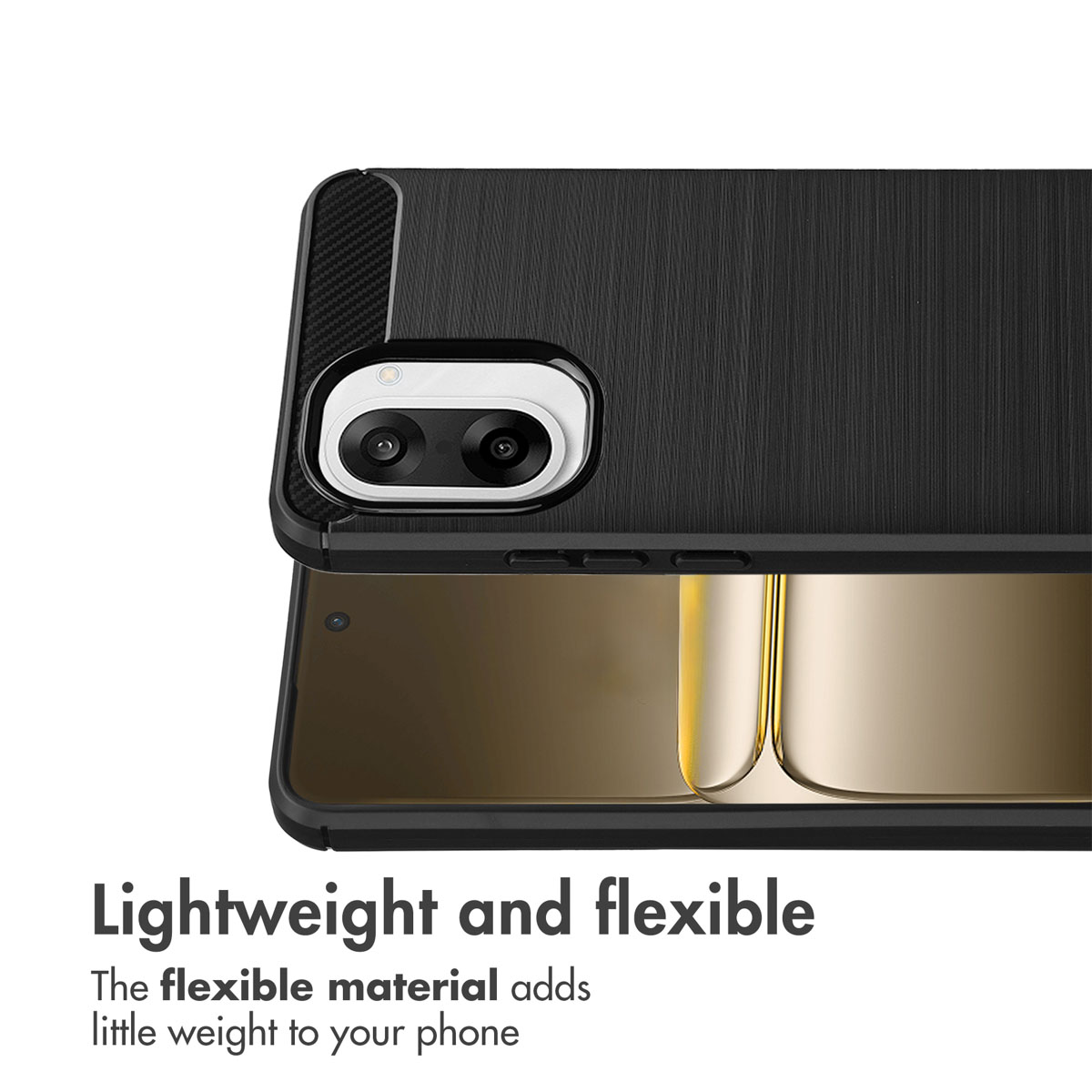 Custodia per smartphone nera con foro per fotocamera e testo.