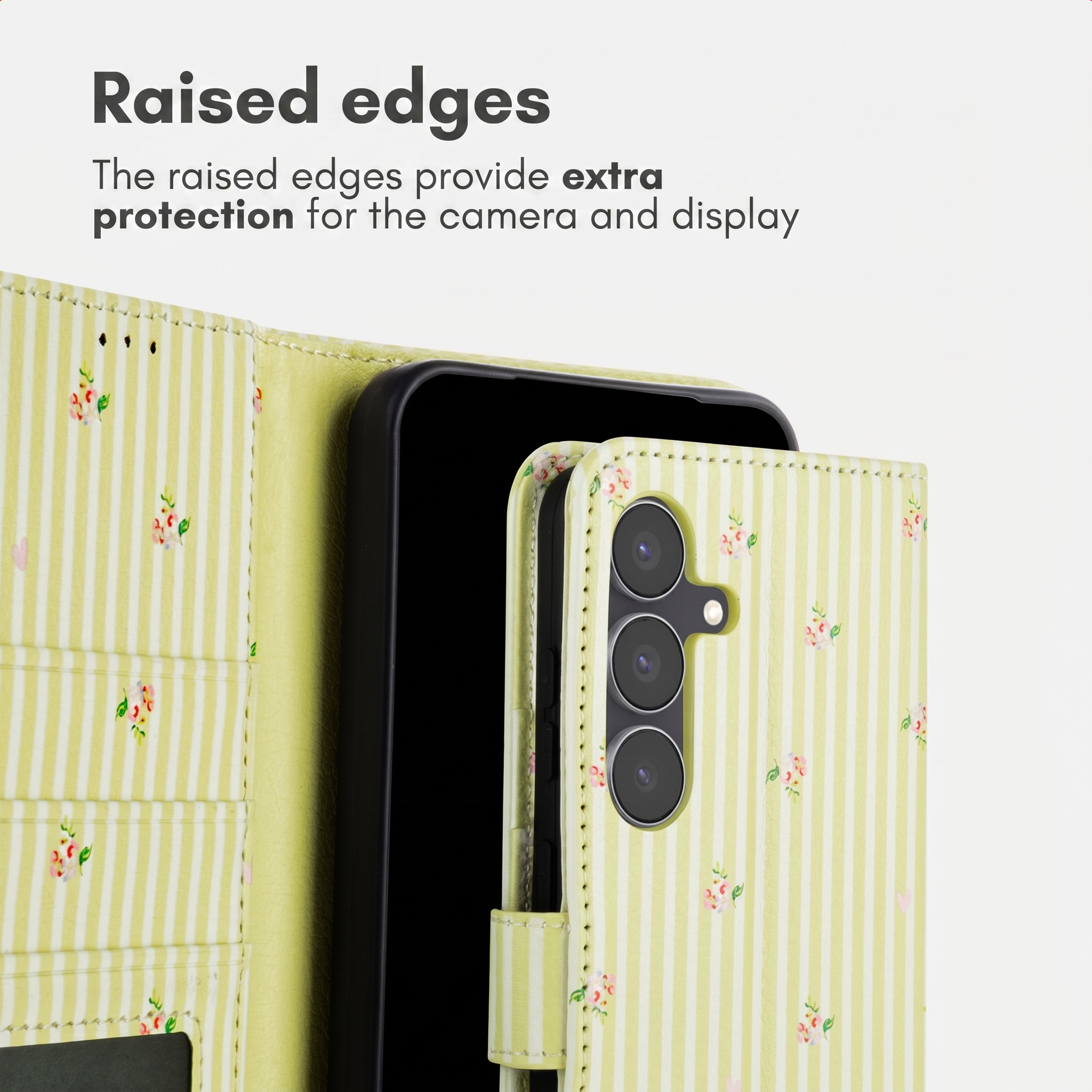 Bloemig gestreept groen hoesje met tekst Raised edges bovenaan.