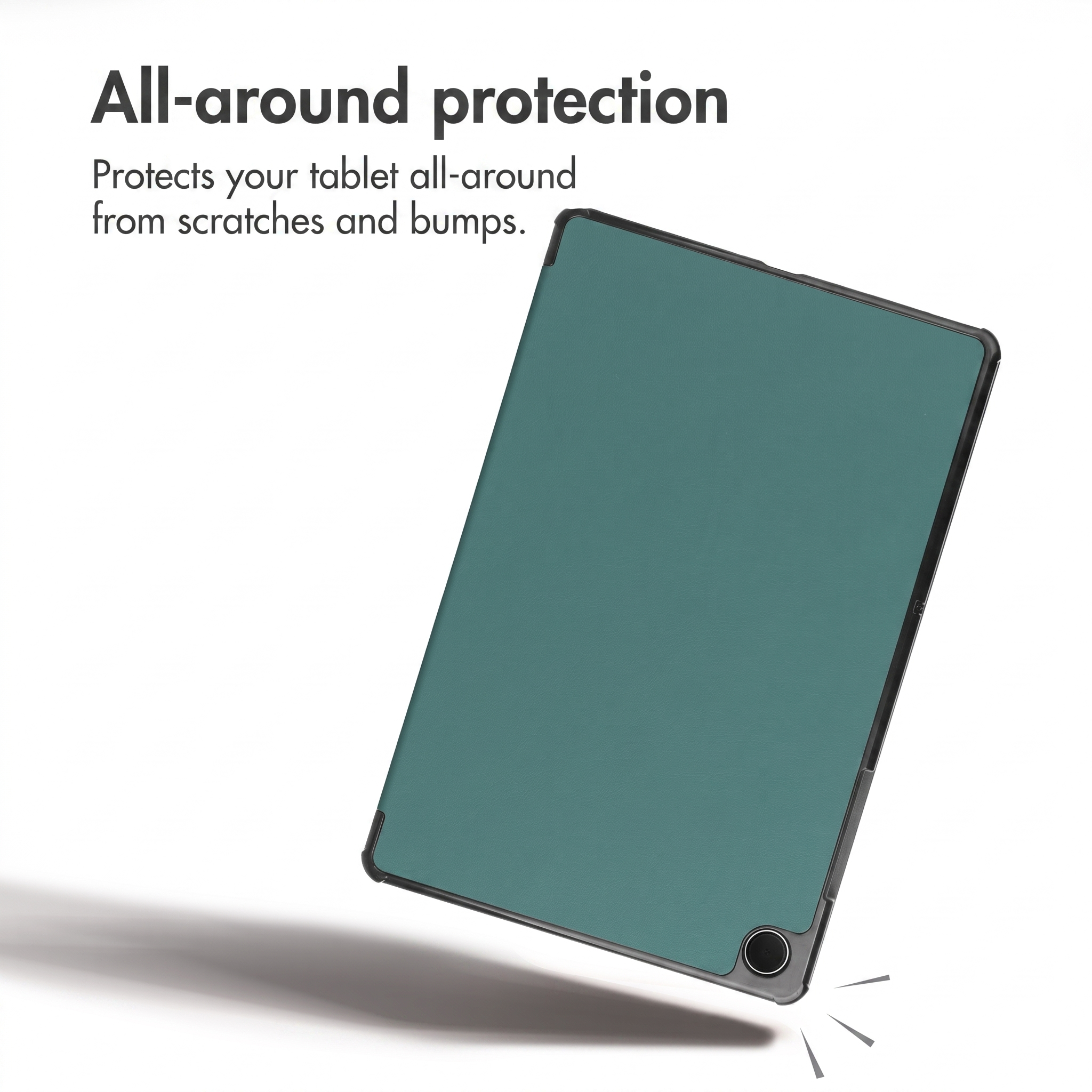 A teal tablet case with a black frame and text about bump protection against a white background.