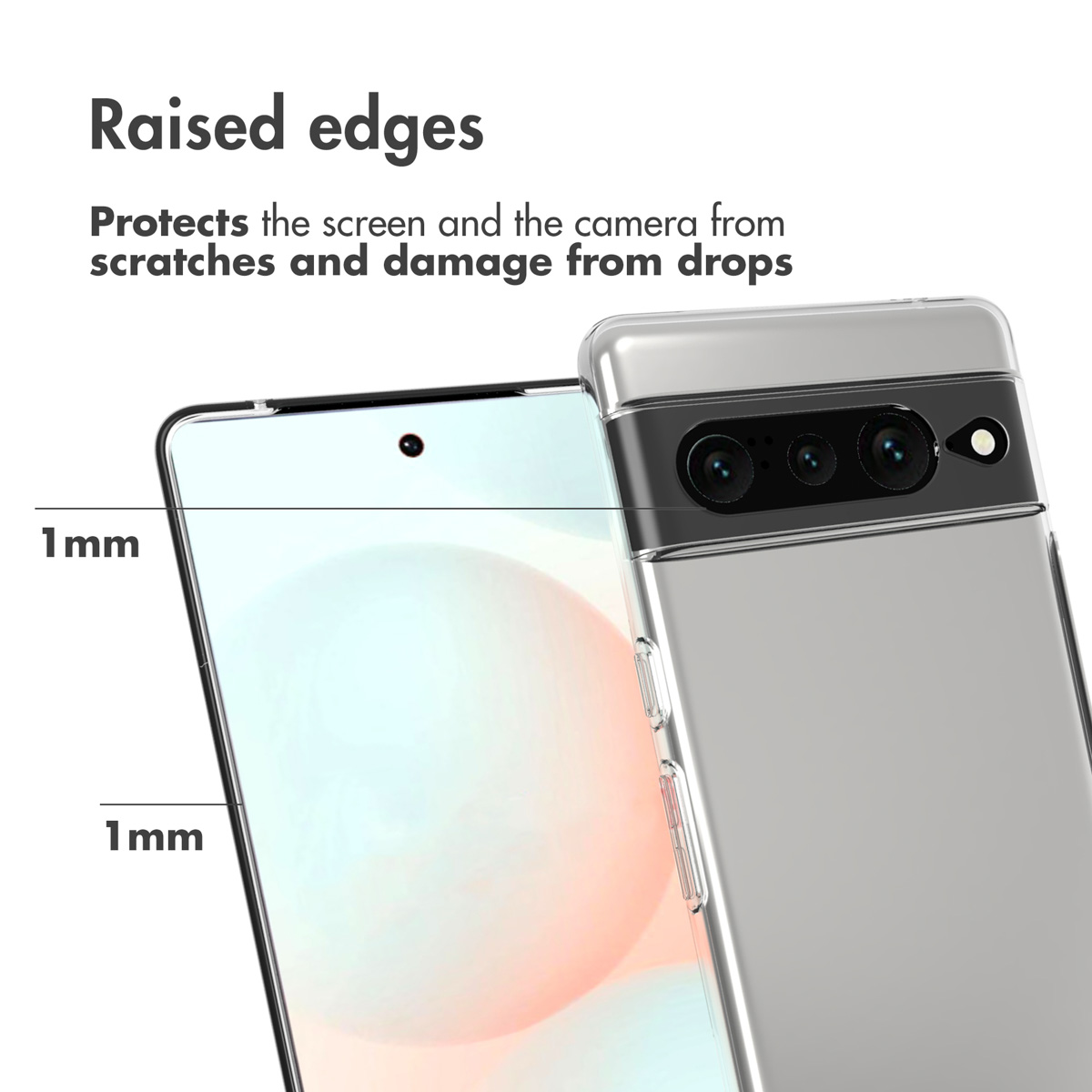 Los bordes elevados de 1 mm protegen la pantalla y la cámara.