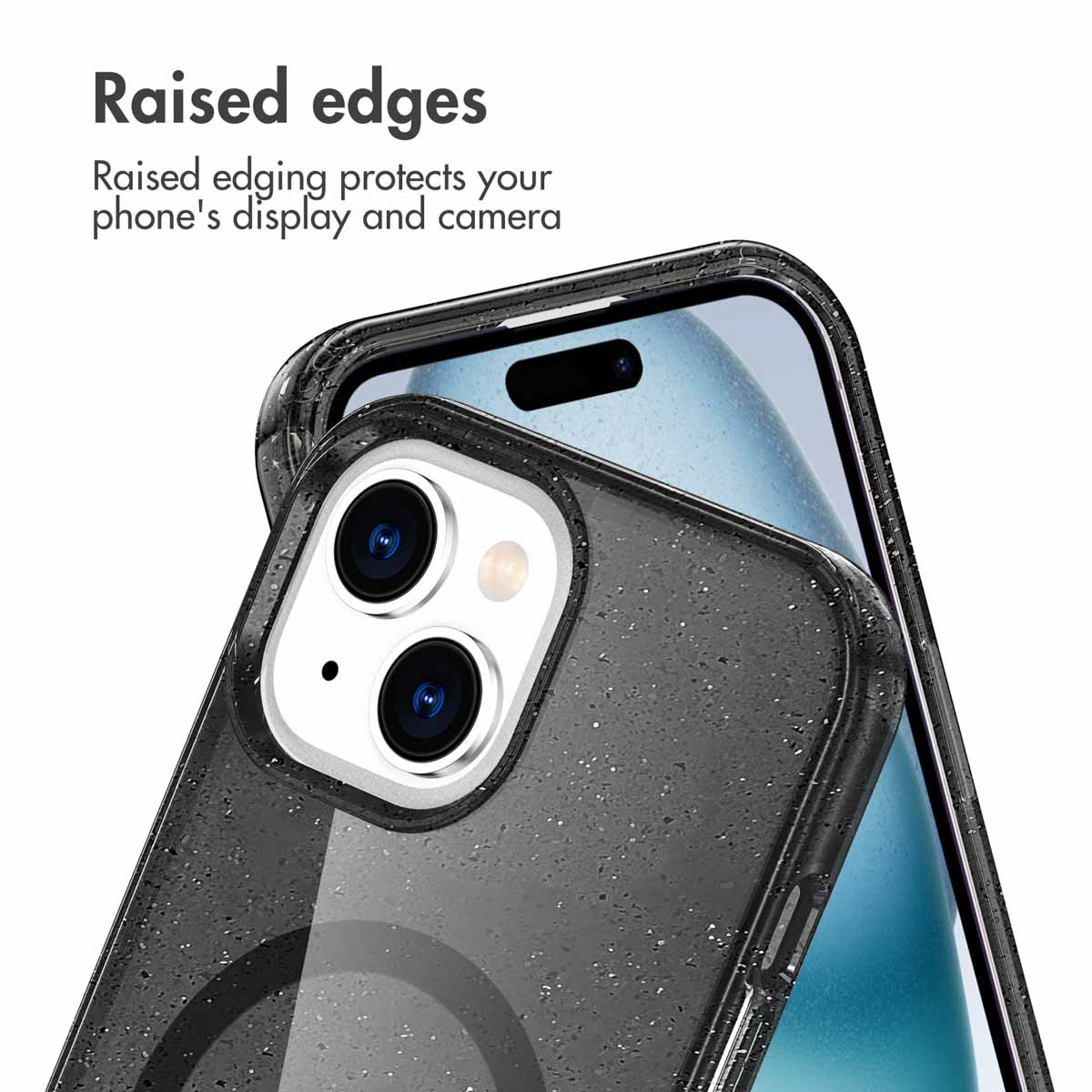 Een smartphone in een gespikkelde zwarte beschermhoes met verhoogde randen.