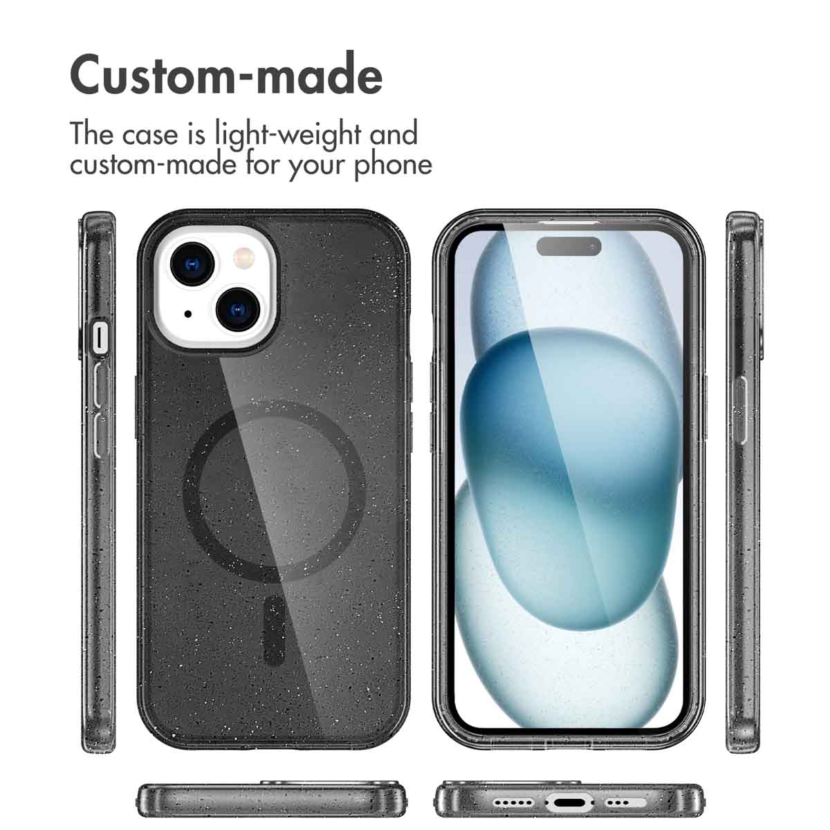 Diverse weergaven van een glitterende, donkere smartphonehoes die licht en op maat gemaakt is.