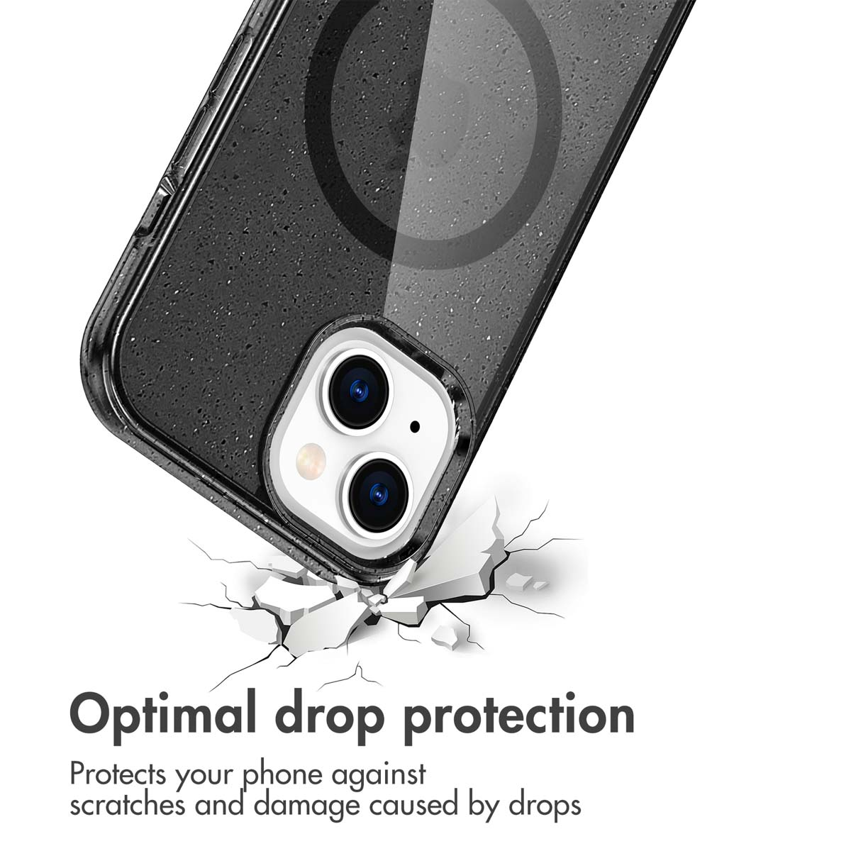 Een zwart telefoonhoesje met MagSafe-ring op een gebarsten wit oppervlak. Tekst: Optimale valbescherming.